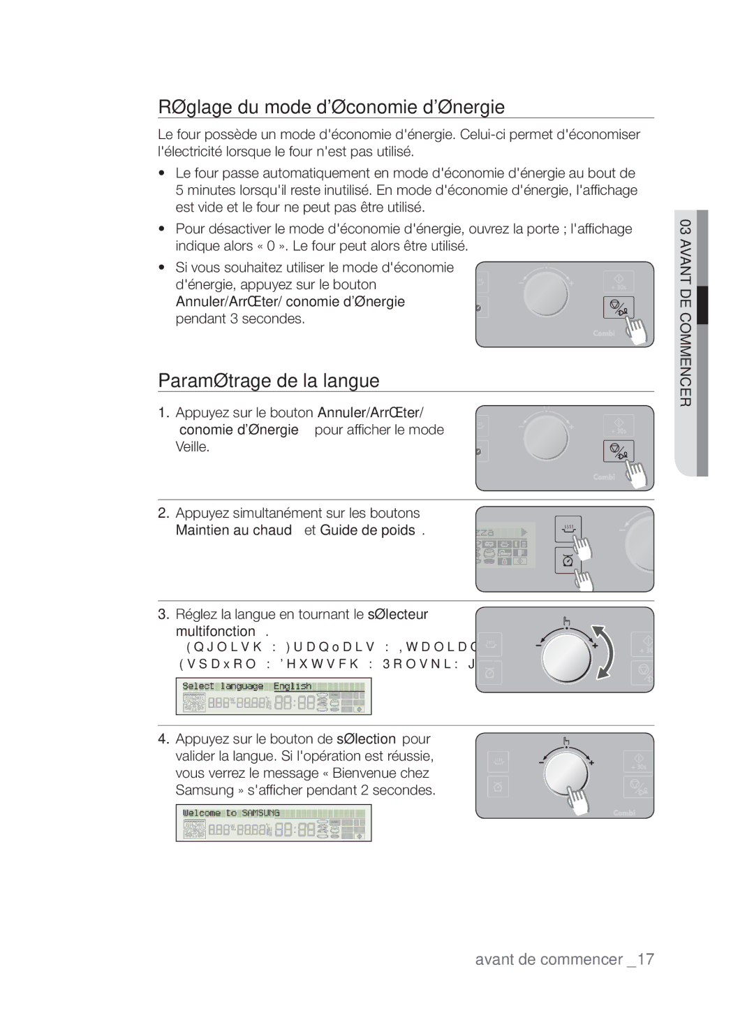 Samsung CP1395EST/XEF Réglage du mode déconomie dénergie, Paramétrage de la langue, Annuler/Arrêter/Économie dénergie 