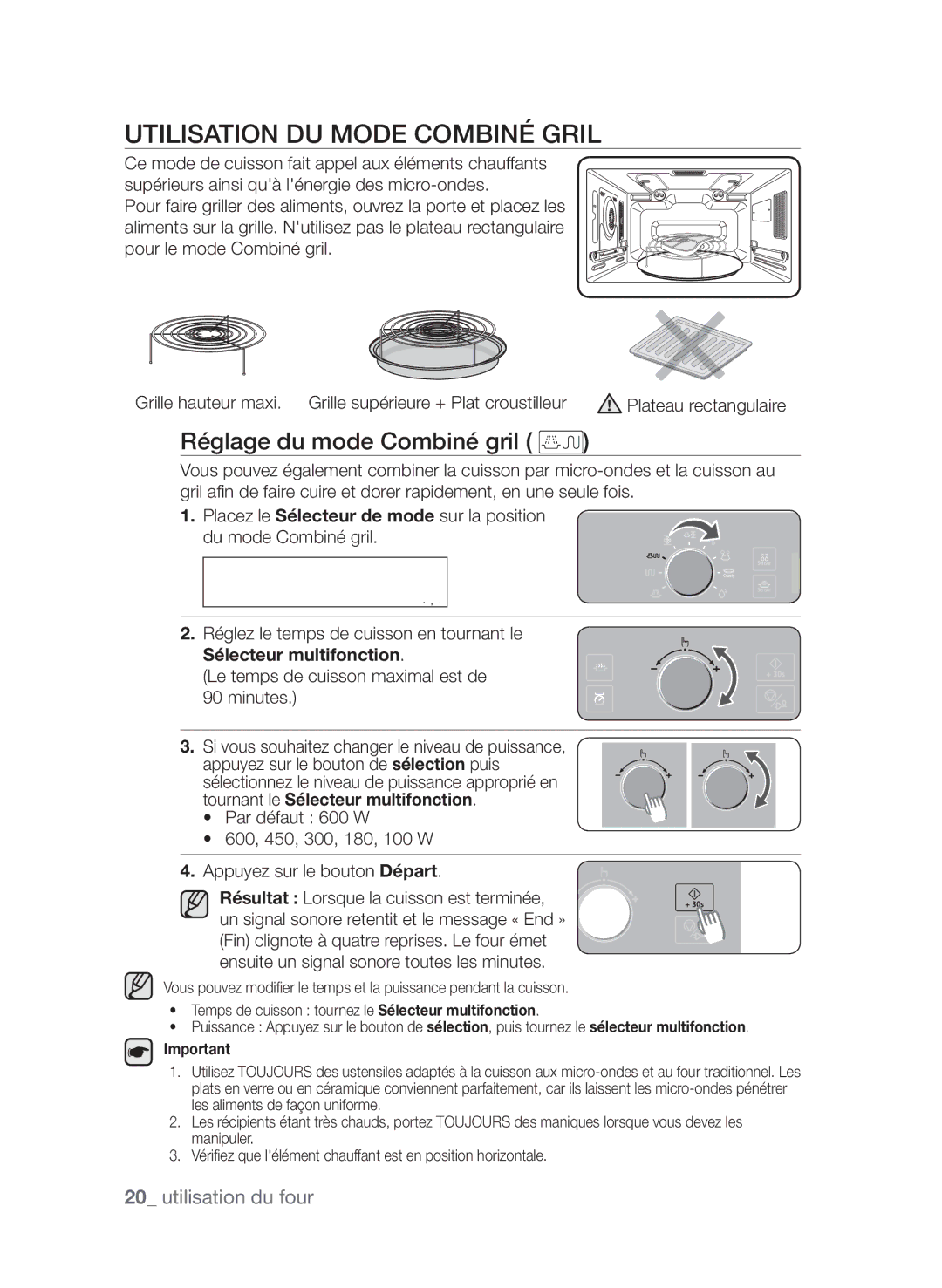 Samsung CP1395EST/XEF manual Utilisation du mode Combiné gril, Réglage du mode Combiné gril, Sélecteur multifonction 