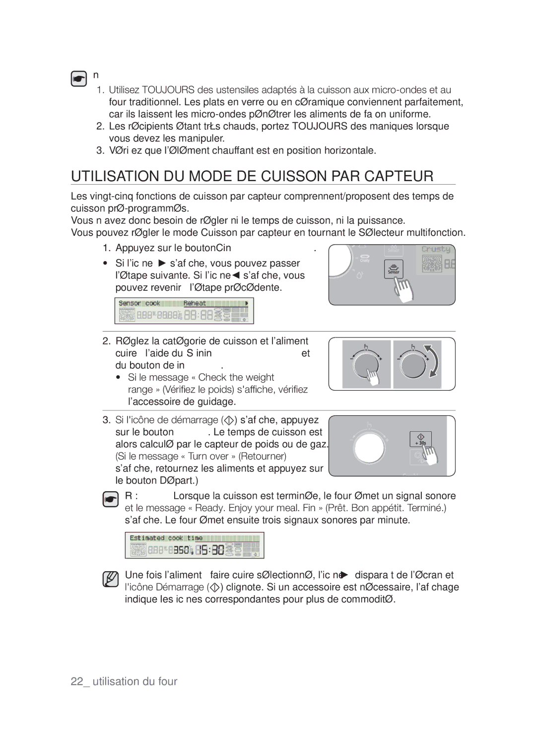 Samsung CP1395EST/XEF manual Utilisation du mode de cuisson par capteur, Le bouton Départ 