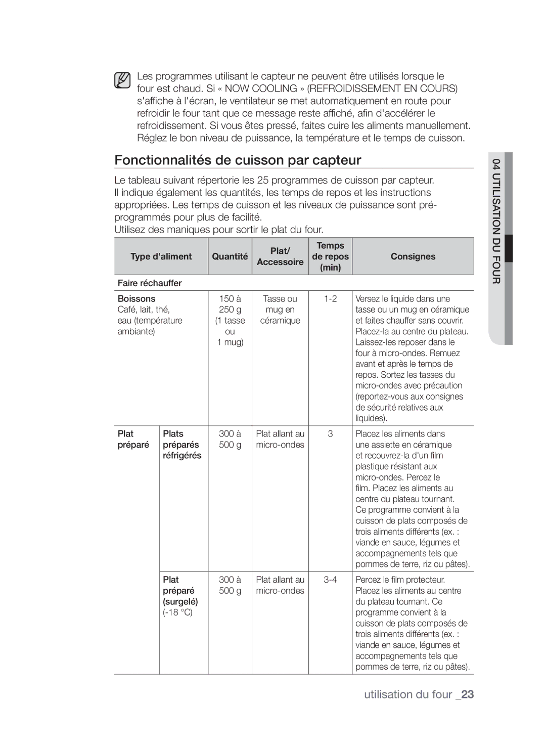 Samsung CP1395EST/XEF manual Fonctionnalités de cuisson par capteur, Plat Temps Type d’aliment, Consignes 