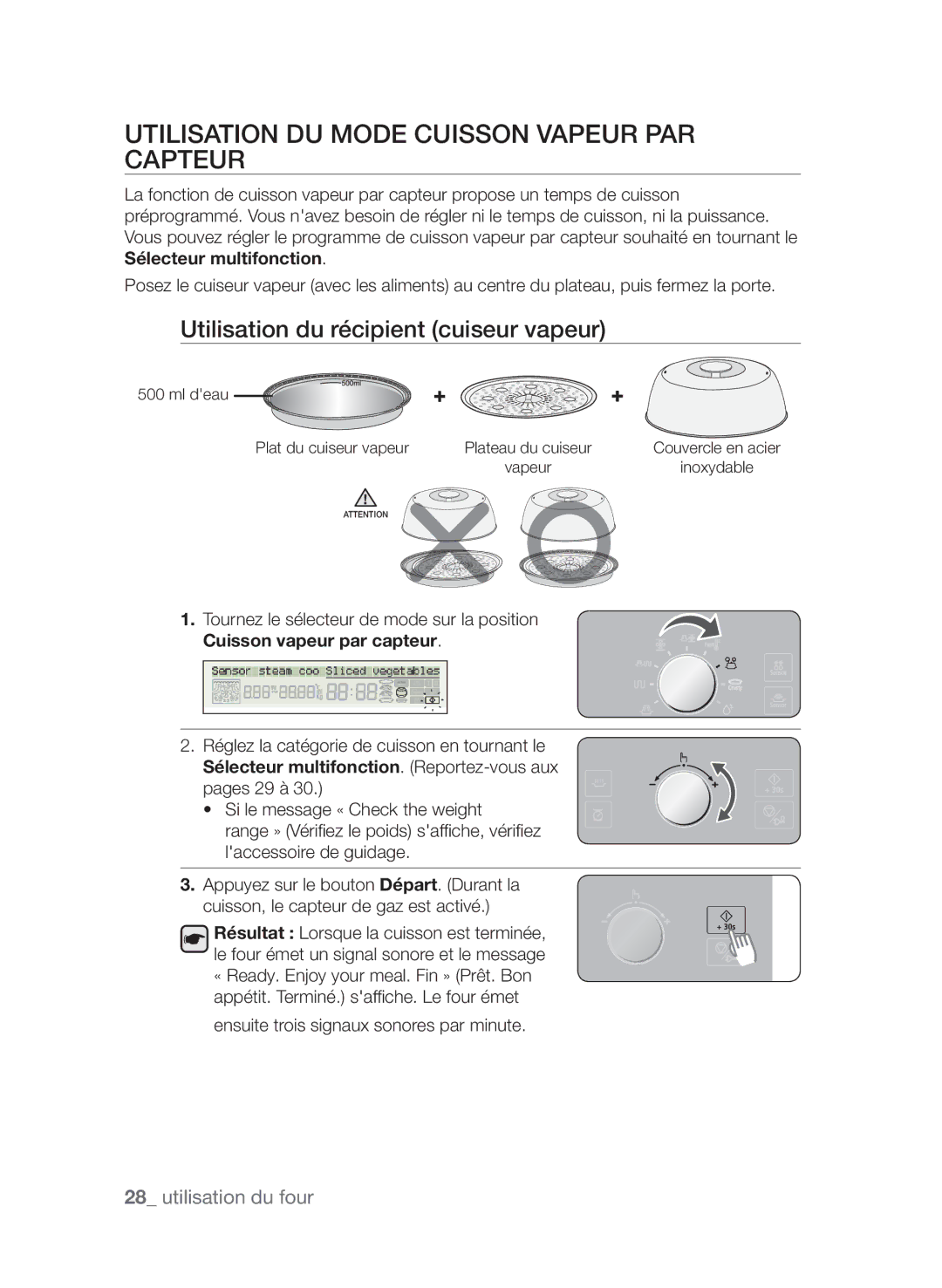 Samsung CP1395EST/XEF manual Utilisation du mode Cuisson vapeur par capteur, Utilisation du récipient cuiseur vapeur 