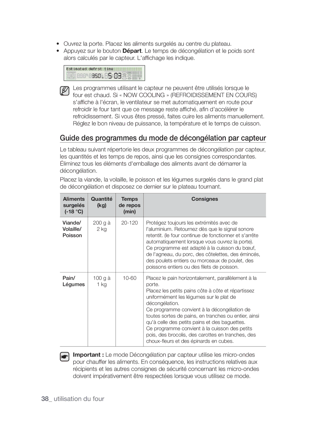 Samsung CP1395EST/XEF manual Guide des programmes du mode de décongélation par capteur, 18 C 