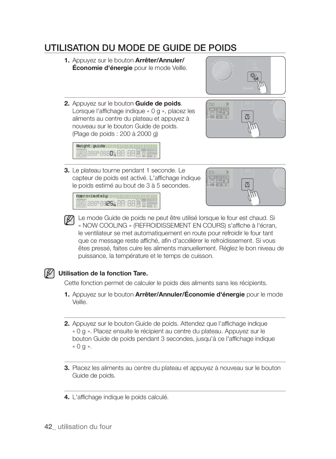 Samsung CP1395EST/XEF manual Utilisation du mode de guide de poids, Utilisation de la fonction Tare 