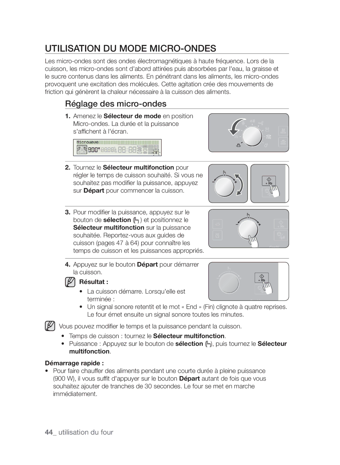 Samsung CP1395EST/XEF manual Utilisation du mode Micro-ondes, Réglage des micro-ondes, Résultat, Démarrage rapide 