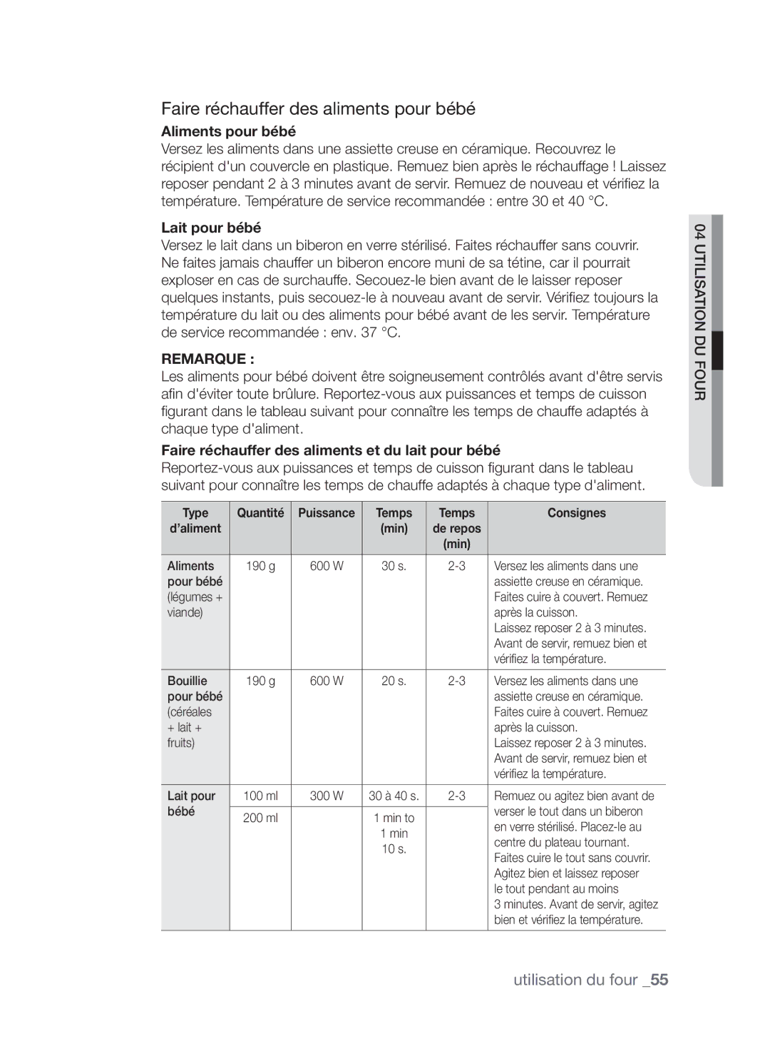 Samsung CP1395EST/XEF manual Faire réchauffer des aliments pour bébé, Aliments pour bébé, Lait pour bébé 