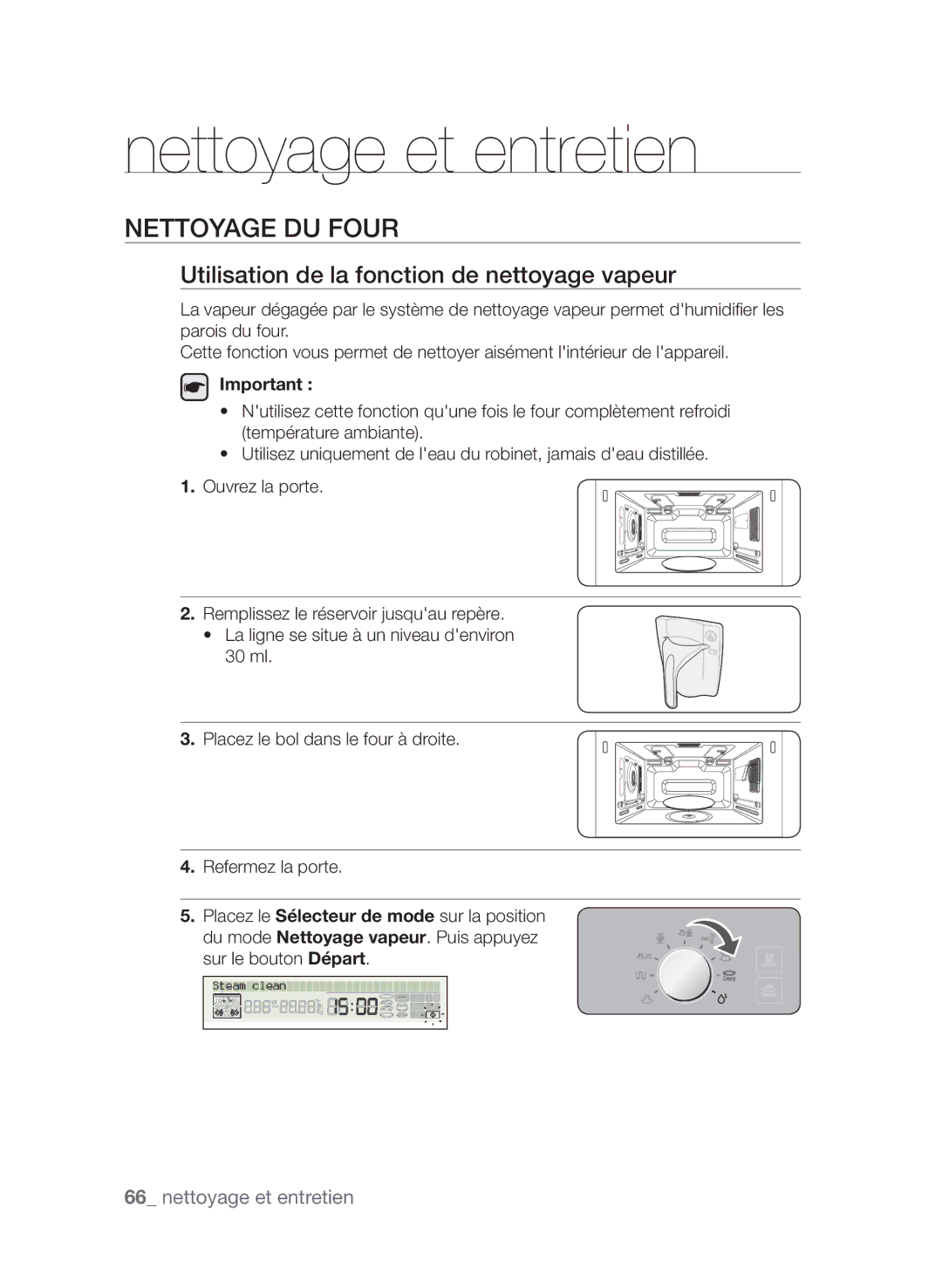 Samsung CP1395EST/XEF manual Nettoyage du four, Utilisation de la fonction de nettoyage vapeur 