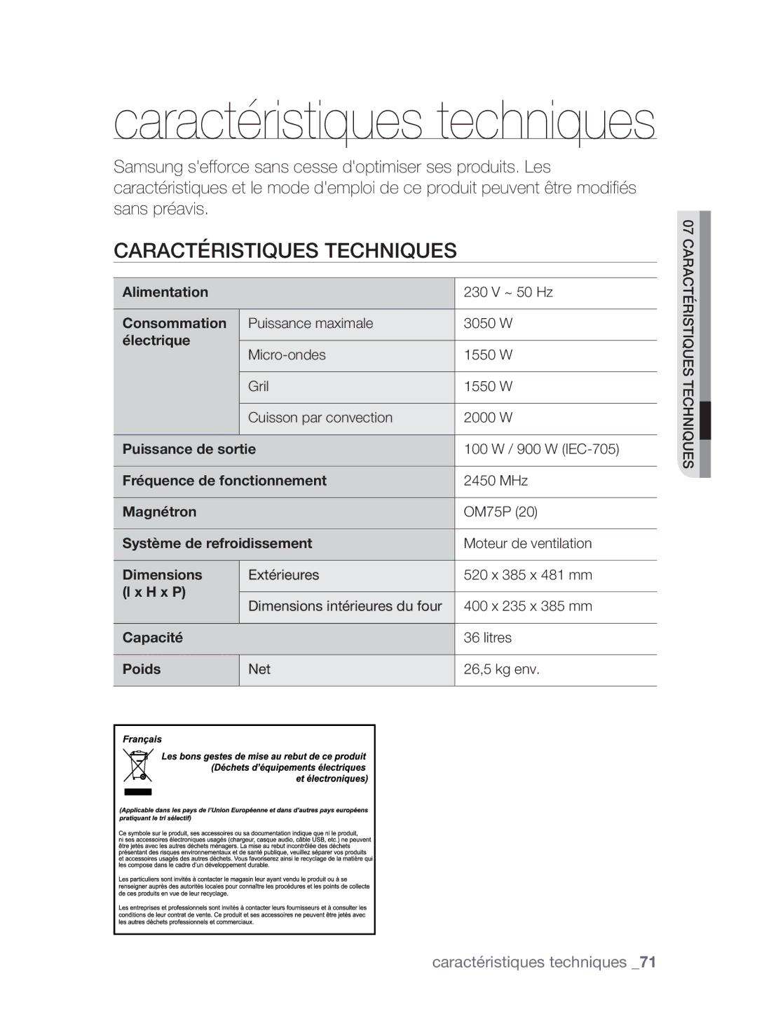 Samsung CP1395EST/XEF manual Caractéristiques techniques 