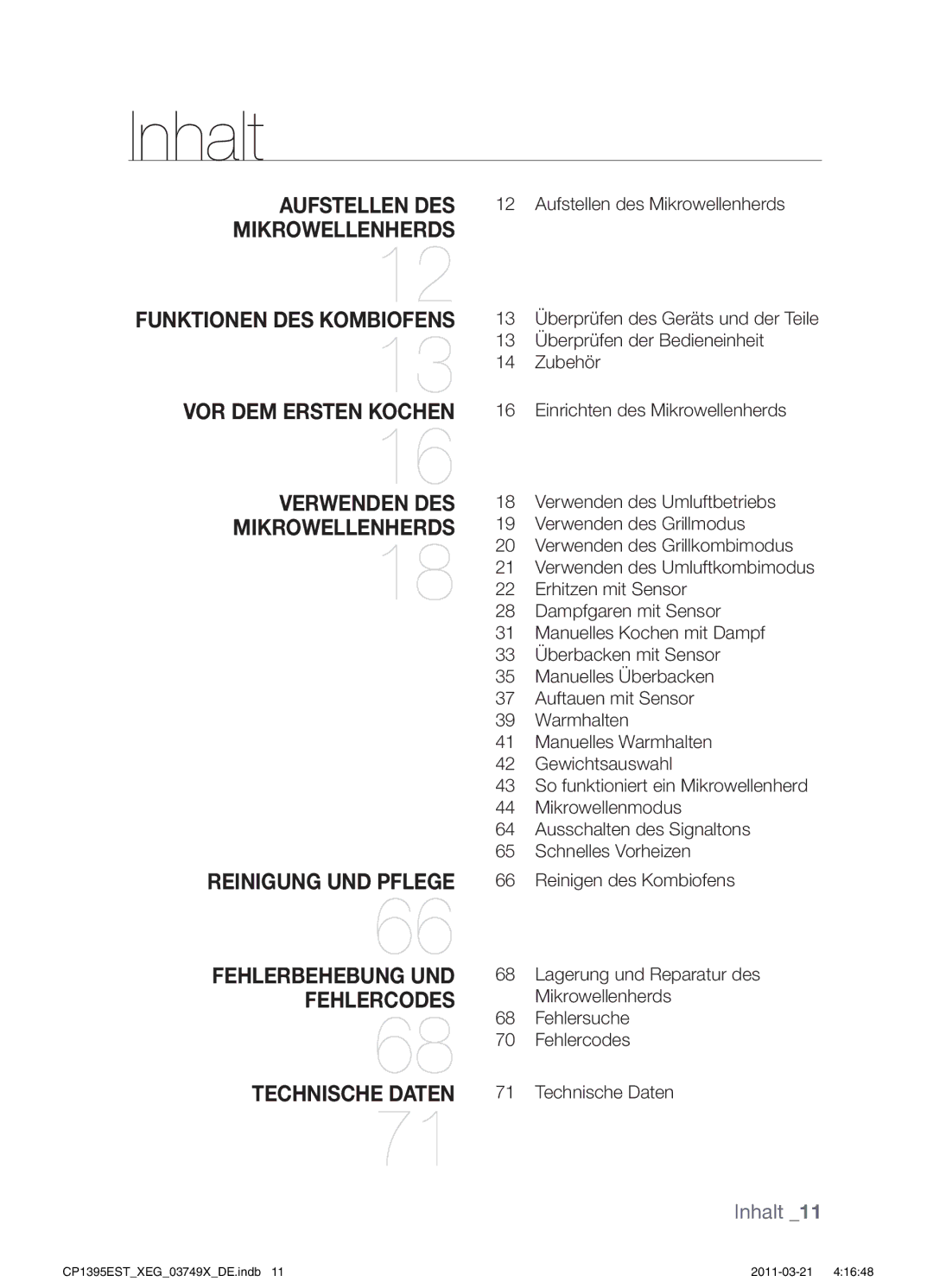 Samsung CP1395EST/XEF, CP1395EST/XEN, CP1395EST/XET, CP1395EST/XEG manual Inhalt 