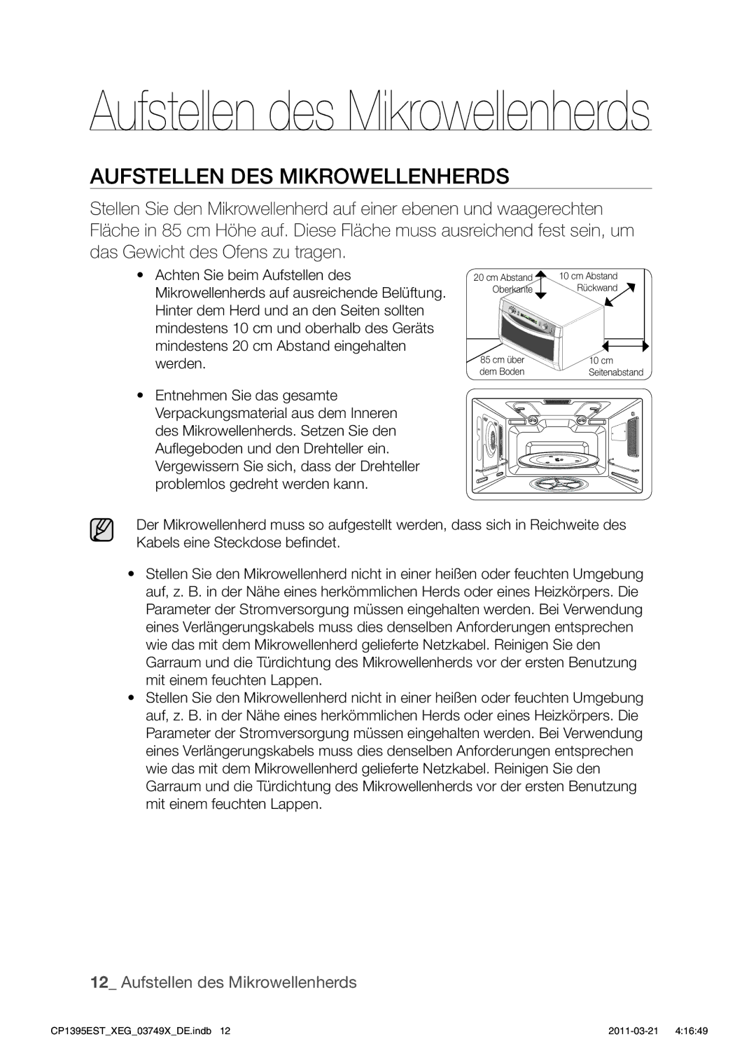 Samsung CP1395EST/XEN, CP1395EST/XET, CP1395EST/XEG manual Aufstellen des Mikrowellenherds, Aufstellen DES Mikrowellenherds 