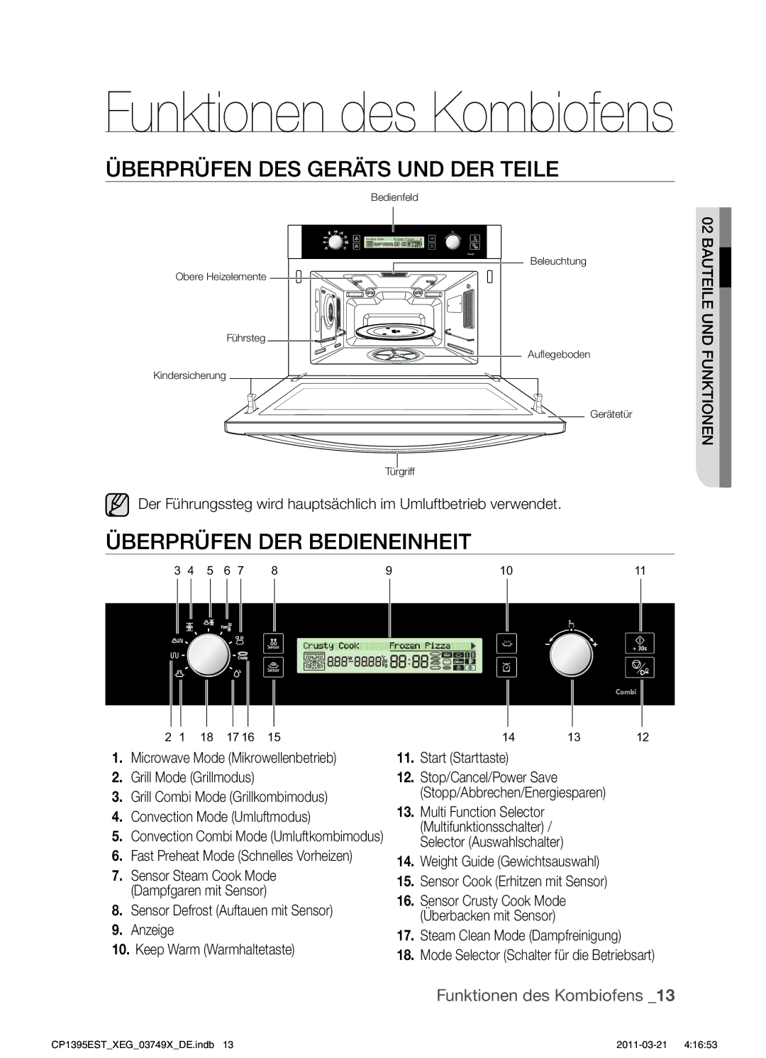 Samsung CP1395EST/XET, CP1395EST/XEN, CP1395EST/XEG manual Überprüfen DES Geräts UND DER Teile, Überprüfen DER Bedieneinheit 