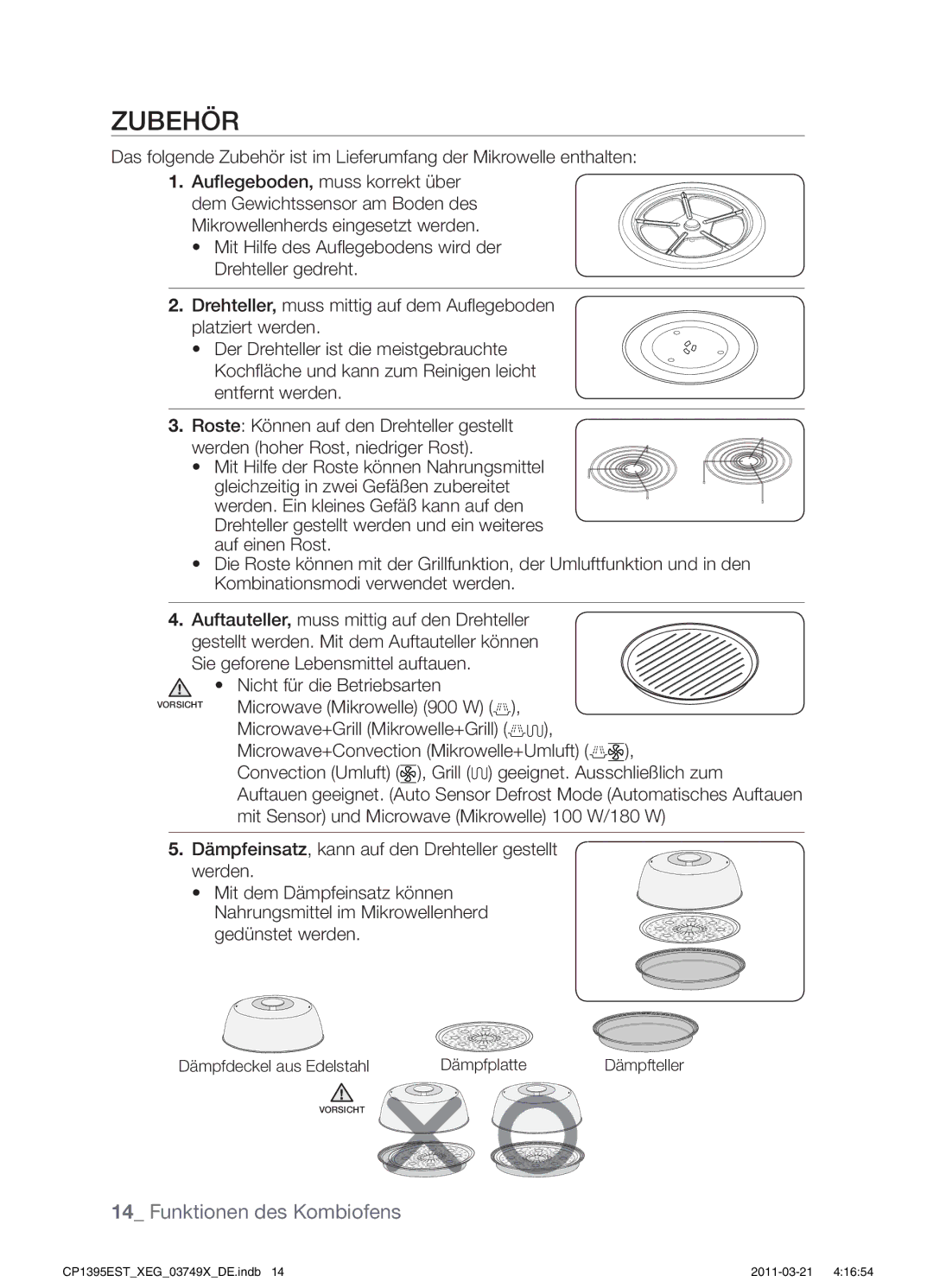 Samsung CP1395EST/XEG, CP1395EST/XEN manual Zubehör, Microwave Mikrowelle 900 W, Dämpfdeckel aus Edelstahl Dämpfplatte 