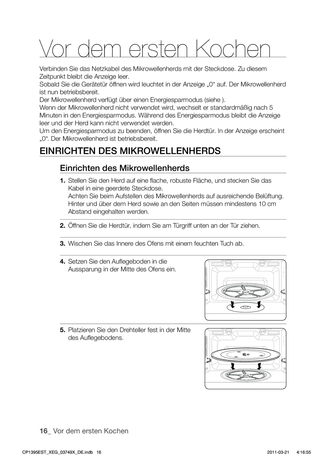 Samsung CP1395EST/XEN, CP1395EST/XET, CP1395EST/XEG manual Einrichten DES Mikrowellenherds, Einrichten des Mikrowellenherds 