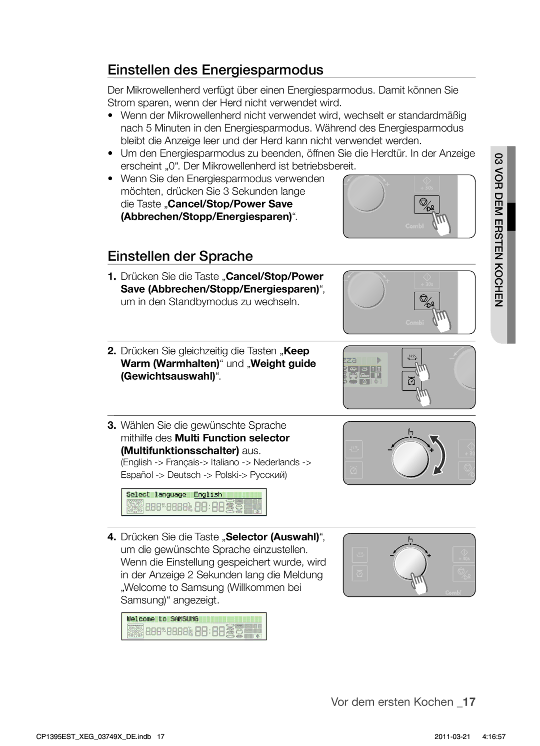 Samsung CP1395EST/XET, CP1395EST/XEN, CP1395EST/XEG, CP1395EST/XEF Einstellen des Energiesparmodus, Einstellen der Sprache 