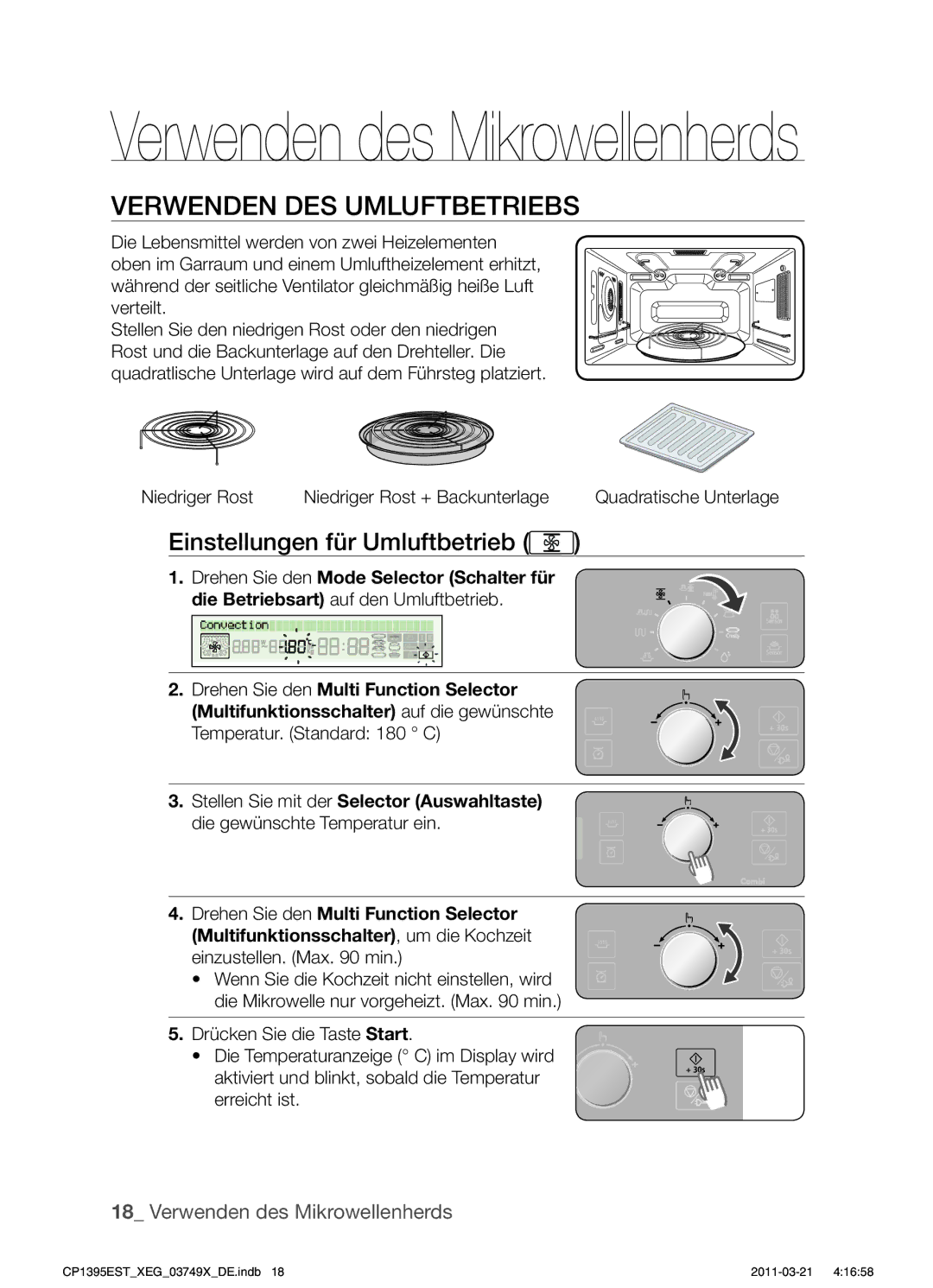 Samsung CP1395EST/XEG, CP1395EST/XEN Verwenden DES Umluftbetriebs, Einstellungen für Umluftbetrieb, Quadratische Unterlage 