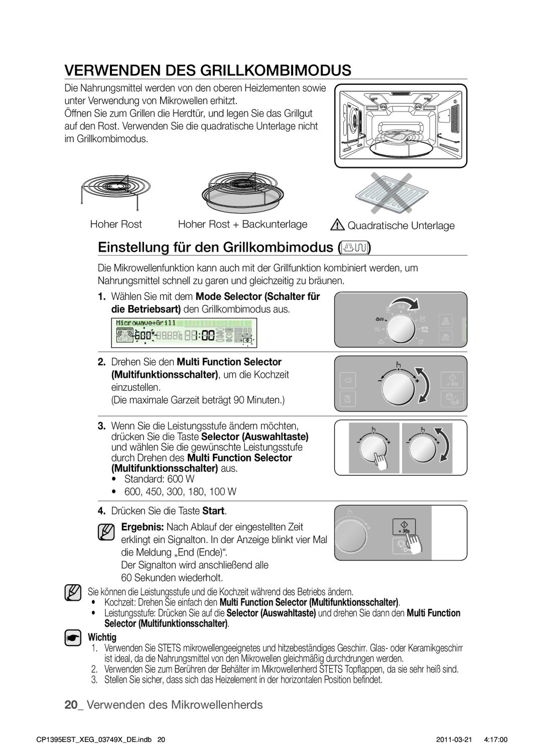 Samsung CP1395EST/XEN, CP1395EST/XET, CP1395EST/XEG manual Verwenden DES Grillkombimodus, Einstellung für den Grillkombimodus 