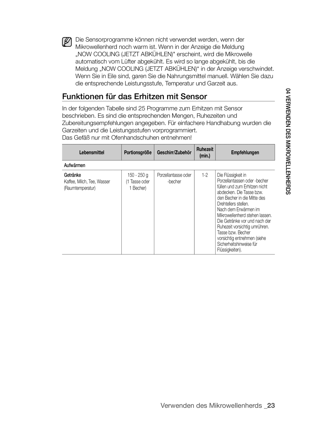 Samsung CP1395EST/XEF, CP1395EST/XEN, CP1395EST/XET, CP1395EST/XEG manual Funktionen für das Erhitzen mit Sensor 