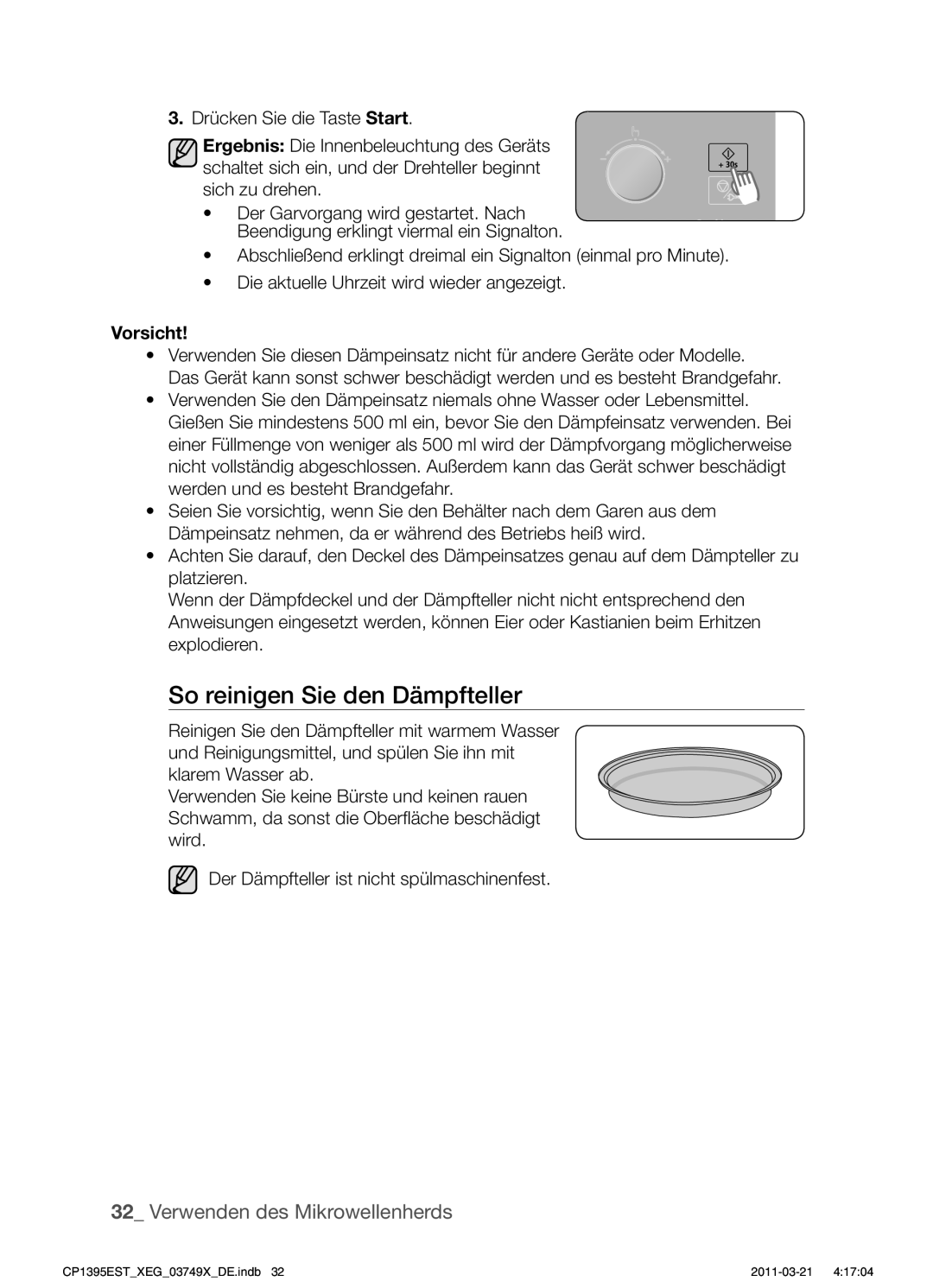 Samsung CP1395EST/XEN, CP1395EST/XET, CP1395EST/XEG, CP1395EST/XEF manual So reinigen Sie den Dämpfteller, Vorsicht 