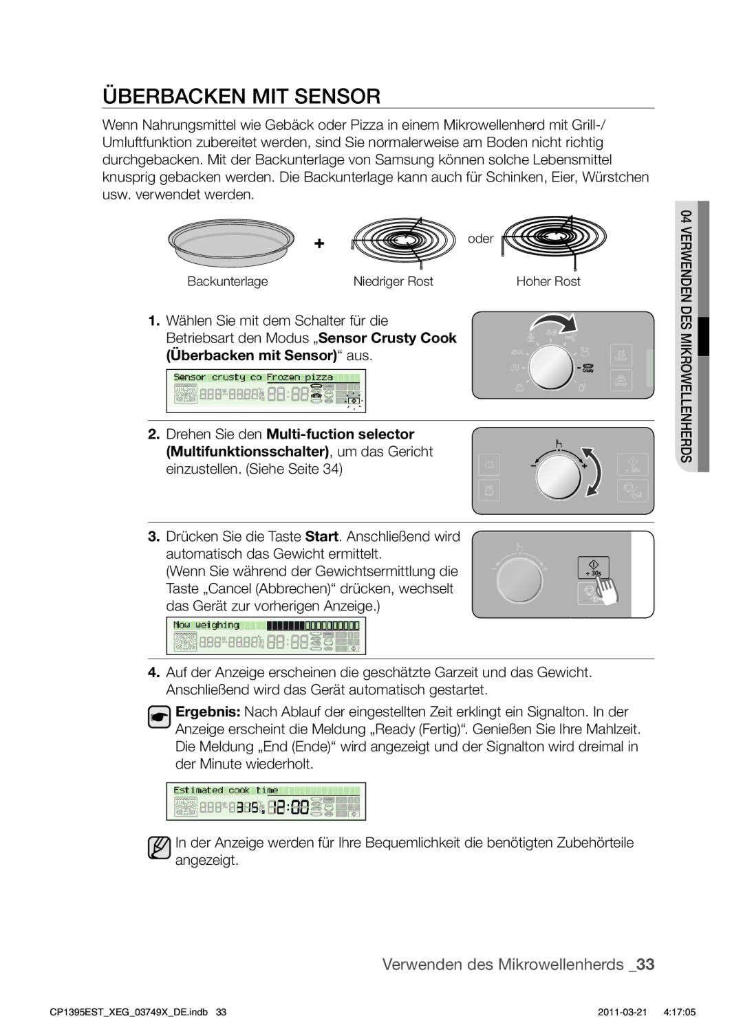 Samsung CP1395EST/XET, CP1395EST/XEN, CP1395EST/XEG, CP1395EST/XEF Überbacken MIT Sensor, Oder Backunterlage Niedriger Rost 