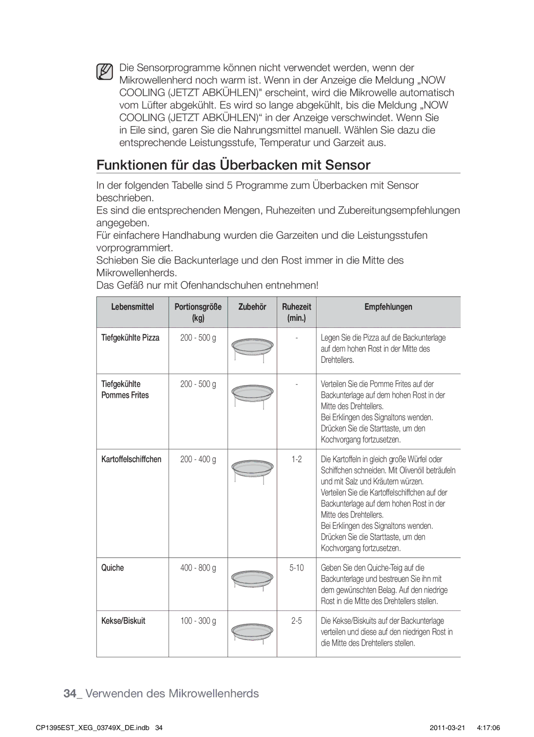 Samsung CP1395EST/XEG manual Funktionen für das Überbacken mit Sensor, Drehtellers Tiefgekühlte, Pommes Frites, Quiche 