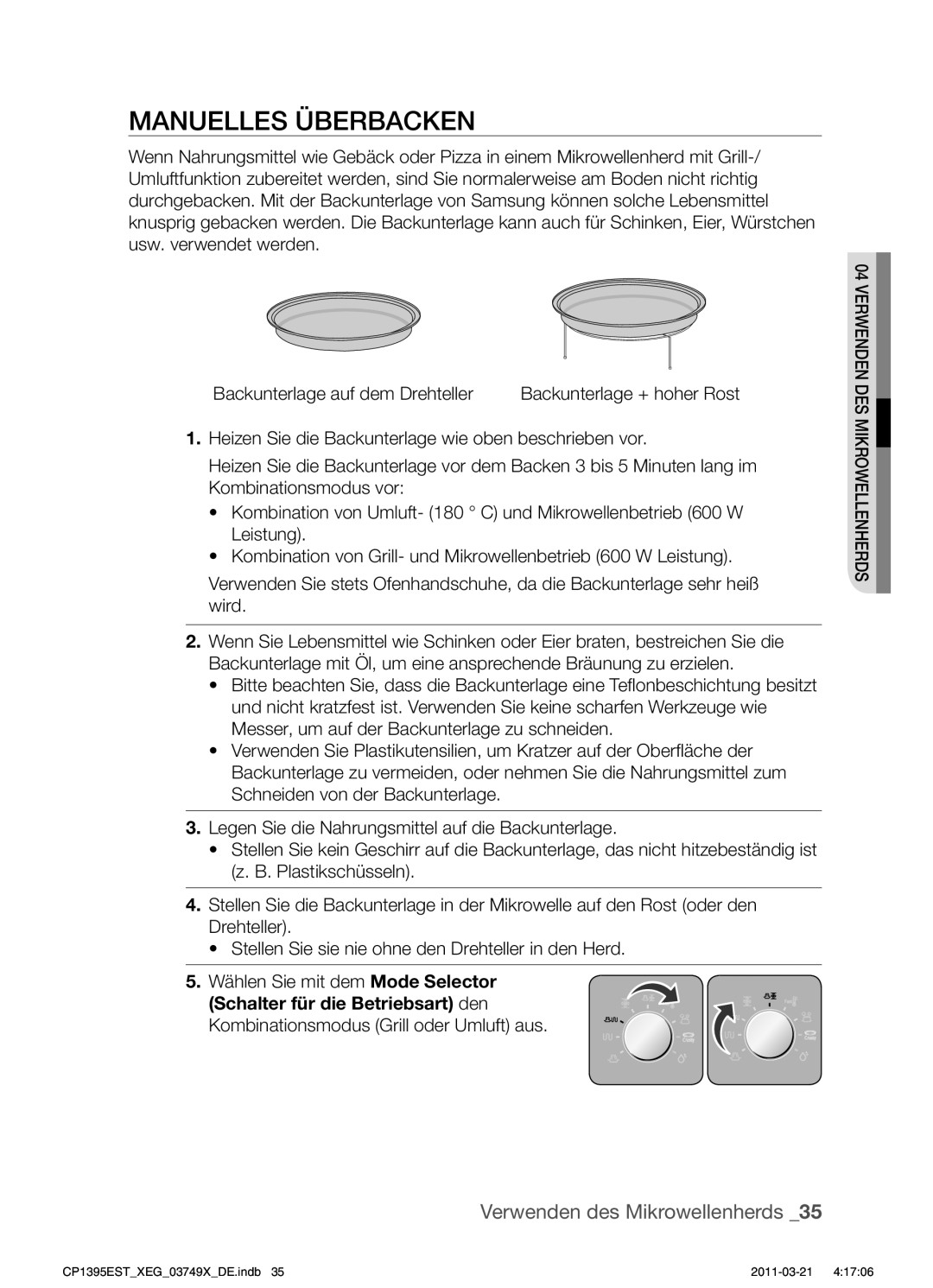 Samsung CP1395EST/XEF, CP1395EST/XEN, CP1395EST/XET, CP1395EST/XEG manual Manuelles Überbacken, Backunterlage + hoher Rost 