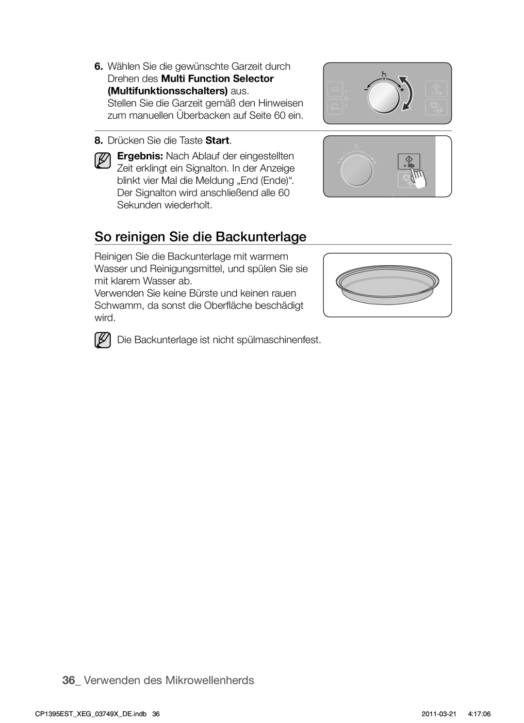 Samsung CP1395EST/XEN, CP1395EST/XET, CP1395EST/XEG, CP1395EST/XEF manual So reinigen Sie die Backunterlage 