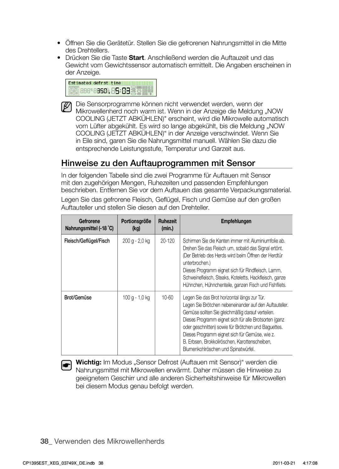 Samsung CP1395EST/XEG, CP1395EST/XEN, CP1395EST/XET, CP1395EST/XEF manual Hinweise zu den Auftauprogrammen mit Sensor 