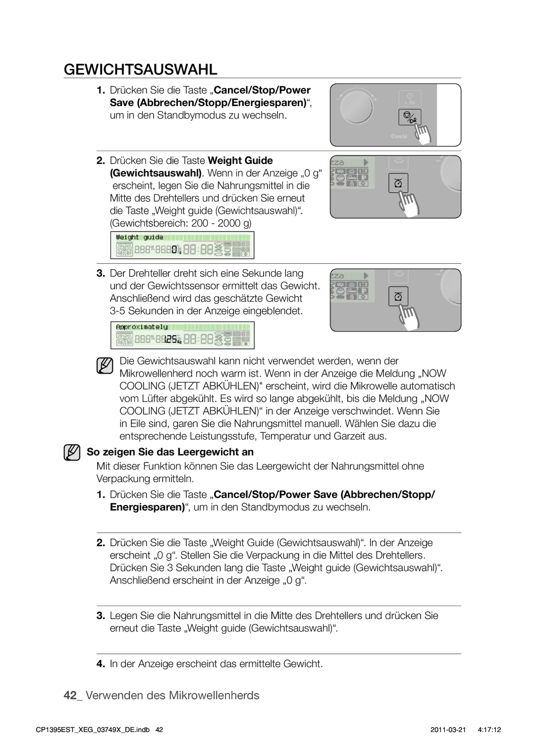 Samsung CP1395EST/XEG, CP1395EST/XEN, CP1395EST/XET, CP1395EST/XEF manual Gewichtsauswahl, So zeigen Sie das Leergewicht an 