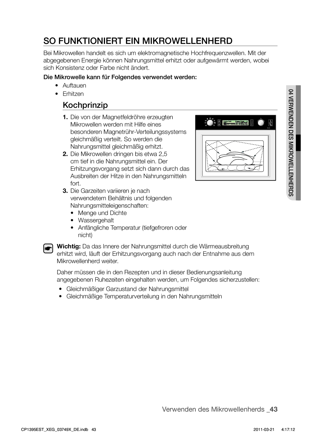 Samsung CP1395EST/XEF, CP1395EST/XEN, CP1395EST/XET, CP1395EST/XEG manual SO Funktioniert EIN Mikrowellenherd, Kochprinzip 