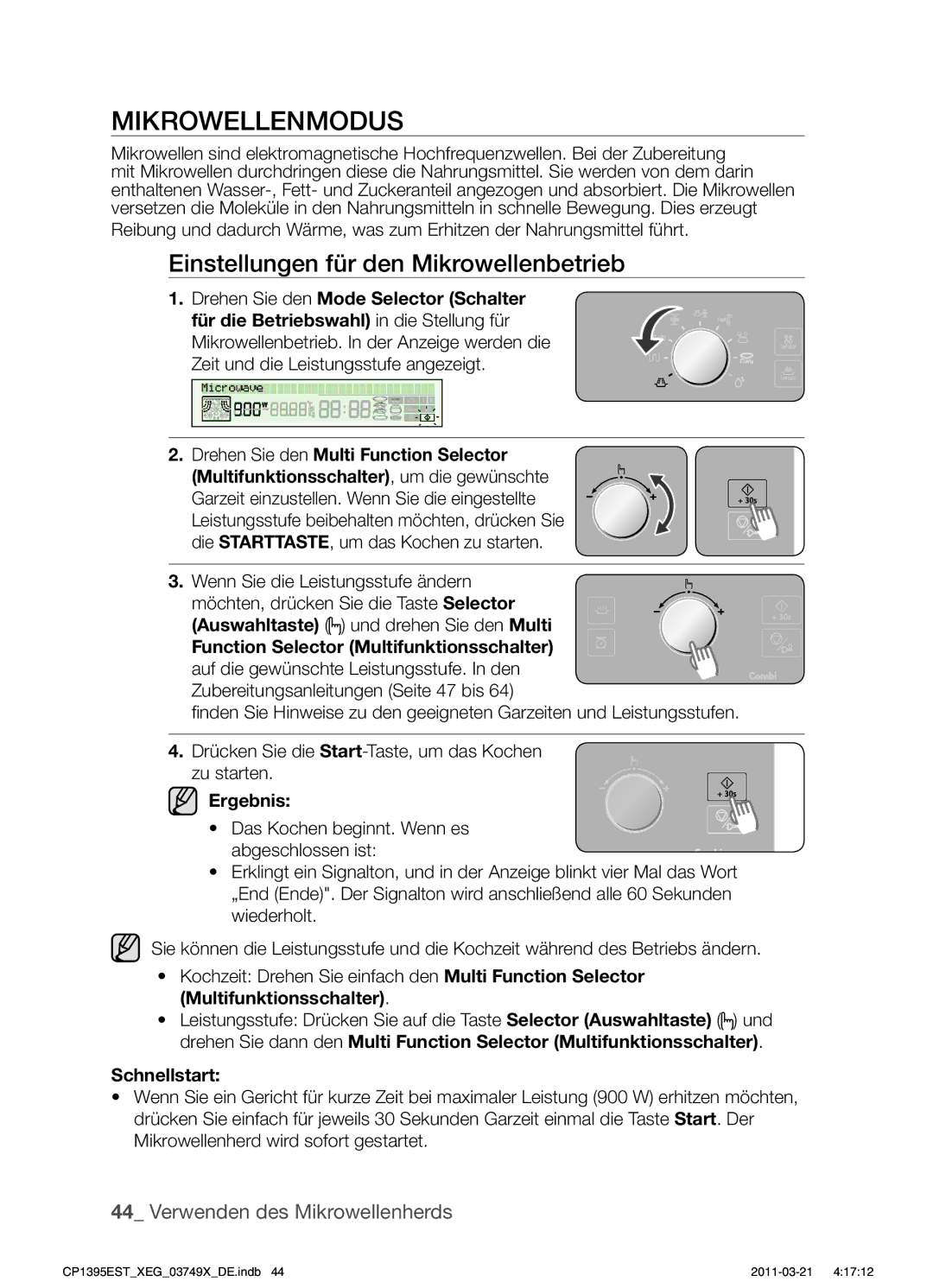 Samsung CP1395EST/XEN, CP1395EST/XET Mikrowellenmodus, Einstellungen für den Mikrowellenbetrieb, Ergebnis, Schnellstart 