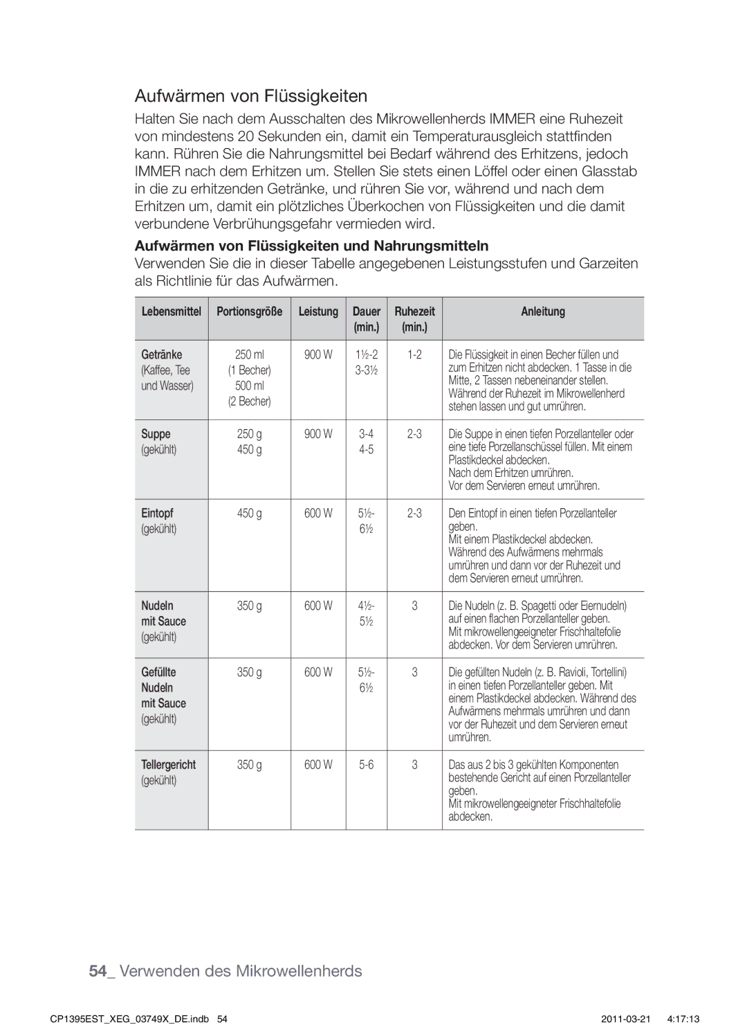 Samsung CP1395EST/XEG, CP1395EST/XEN, CP1395EST/XET, CP1395EST/XEF manual Aufwärmen von Flüssigkeiten und Nahrungsmitteln 