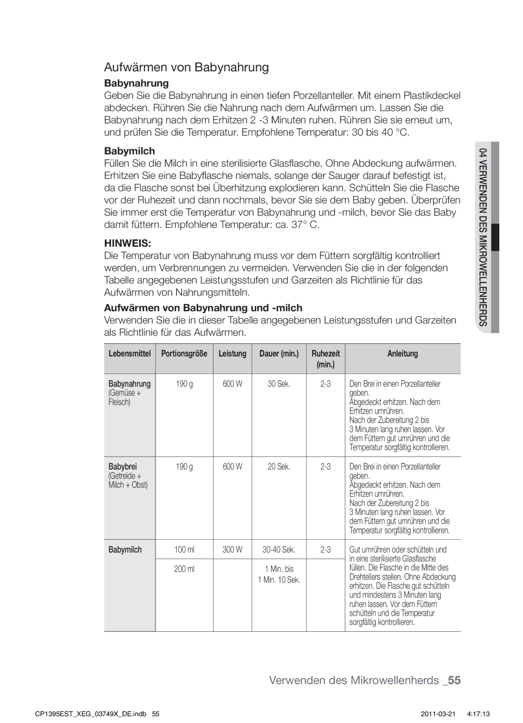 Samsung CP1395EST/XEF, CP1395EST/XEN, CP1395EST/XET, CP1395EST/XEG manual Babymilch, Aufwärmen von Babynahrung und -milch 