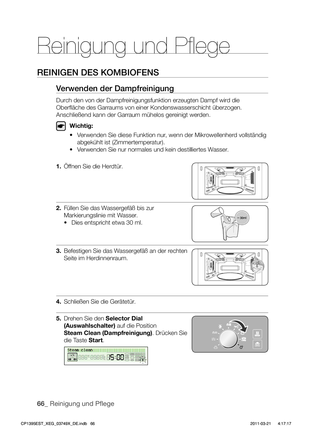 Samsung CP1395EST/XEG, CP1395EST/XEN, CP1395EST/XET, CP1395EST/XEF Reinigen DES Kombiofens, Verwenden der Dampfreinigung 