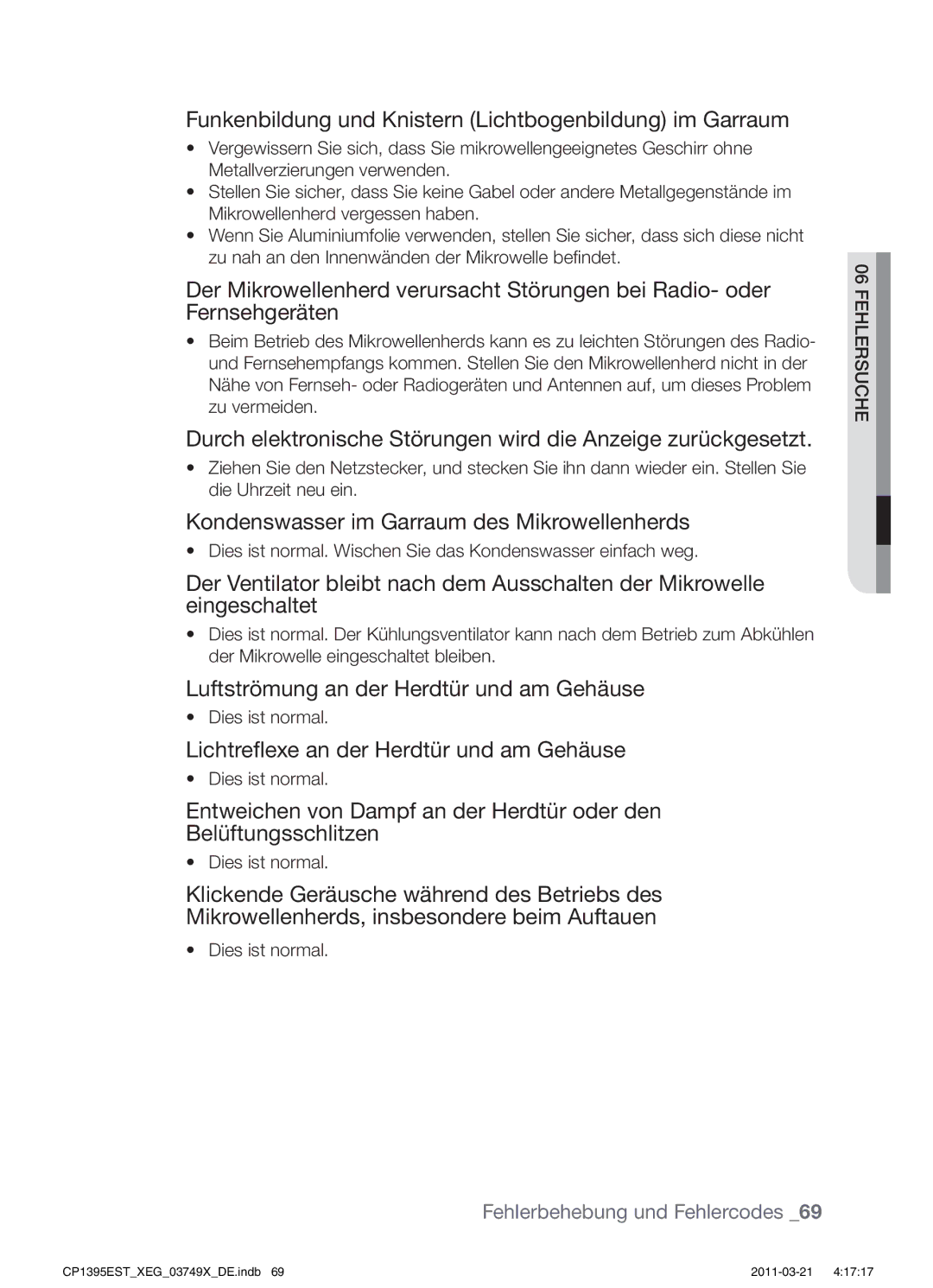 Samsung CP1395EST/XET Funkenbildung und Knistern Lichtbogenbildung im Garraum, Luftströmung an der Herdtür und am Gehäuse 