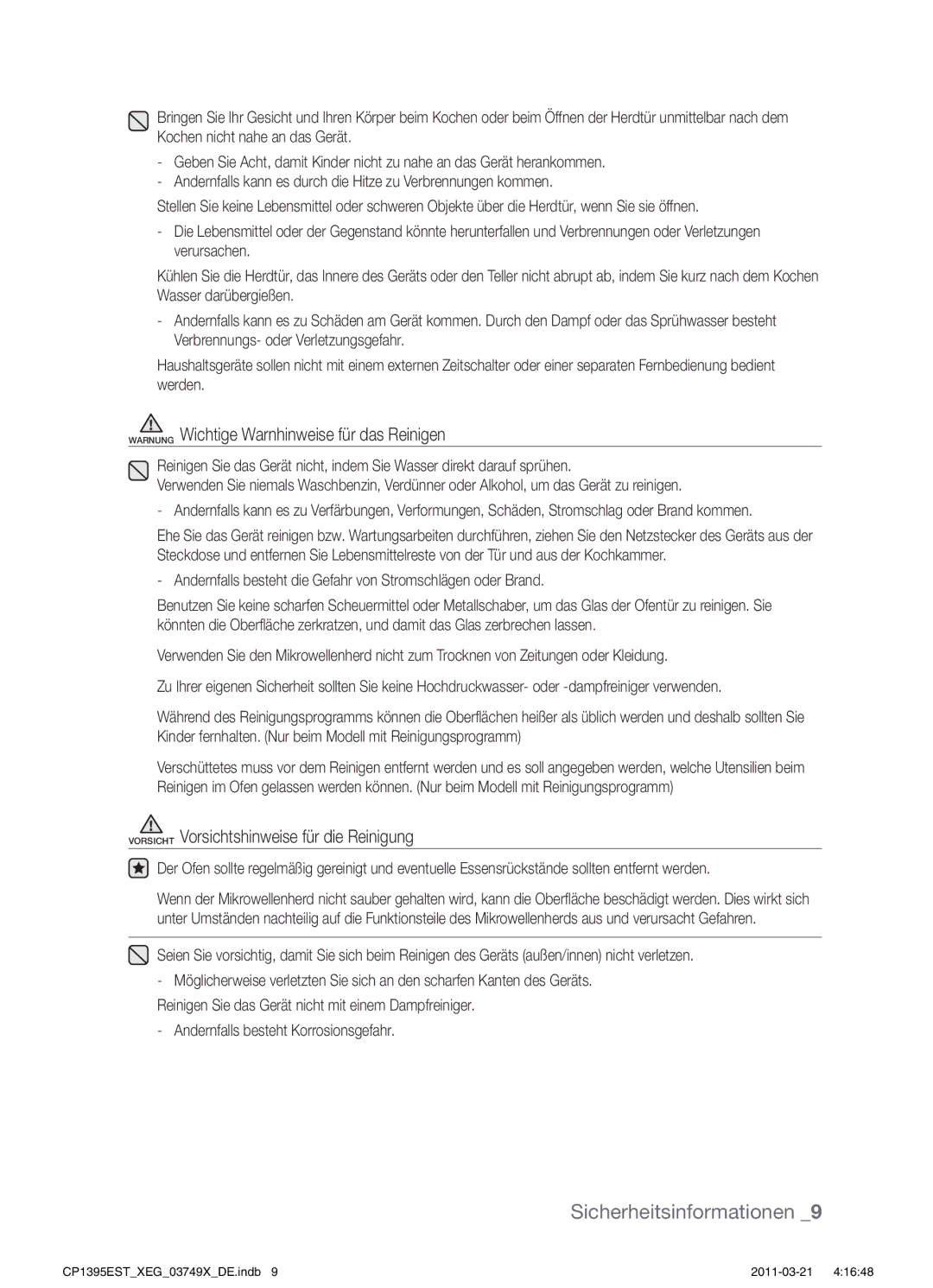 Samsung CP1395EST/XET, CP1395EST/XEN Warnung Wichtige Warnhinweise für das Reinigen, Andernfalls besteht Korrosionsgefahr 