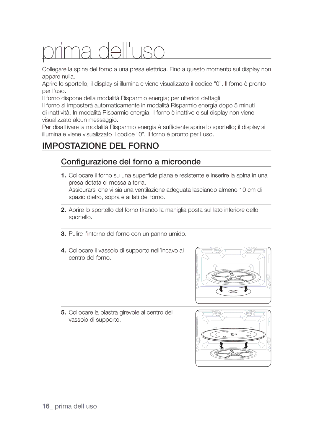 Samsung CP1395E-S/XET, CP1395EST/XET manual Prima delluso, Impostazione del forno, Configurazione del forno a microonde 