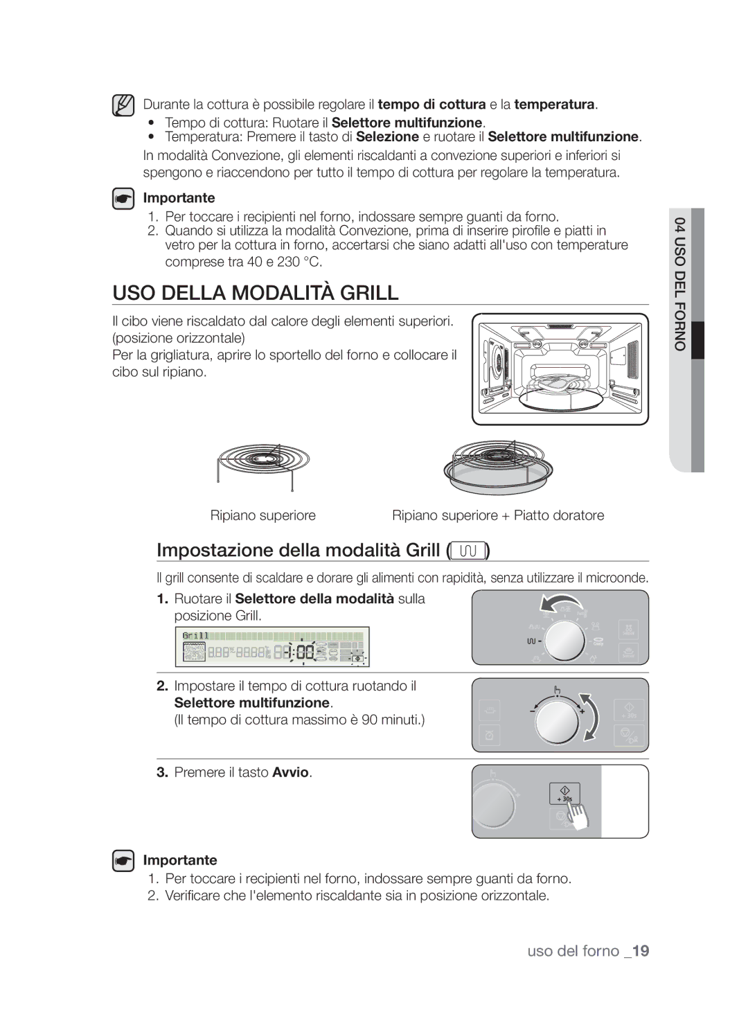 Samsung CP1395E-S/XET Uso della modalità Grill, Impostazione della modalità Grill, Importante, Selettore multifunzione 