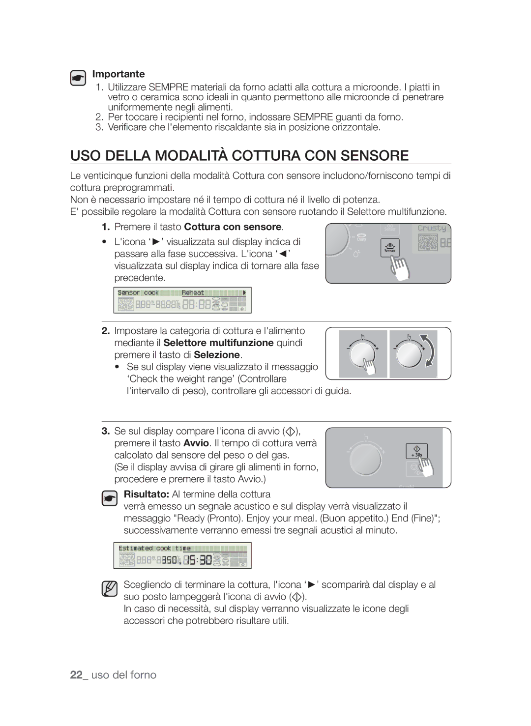 Samsung CP1395E-S/XET, CP1395EST/XET manual Uso della modalità Cottura con sensore, Premere il tasto Cottura con sensore 