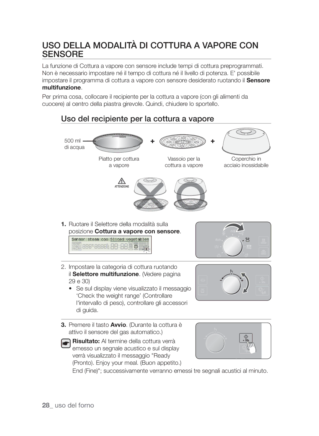 Samsung CP1395E-S/XET manual Uso della modalità di cottura a vapore con sensore, Uso del recipiente per la cottura a vapore 