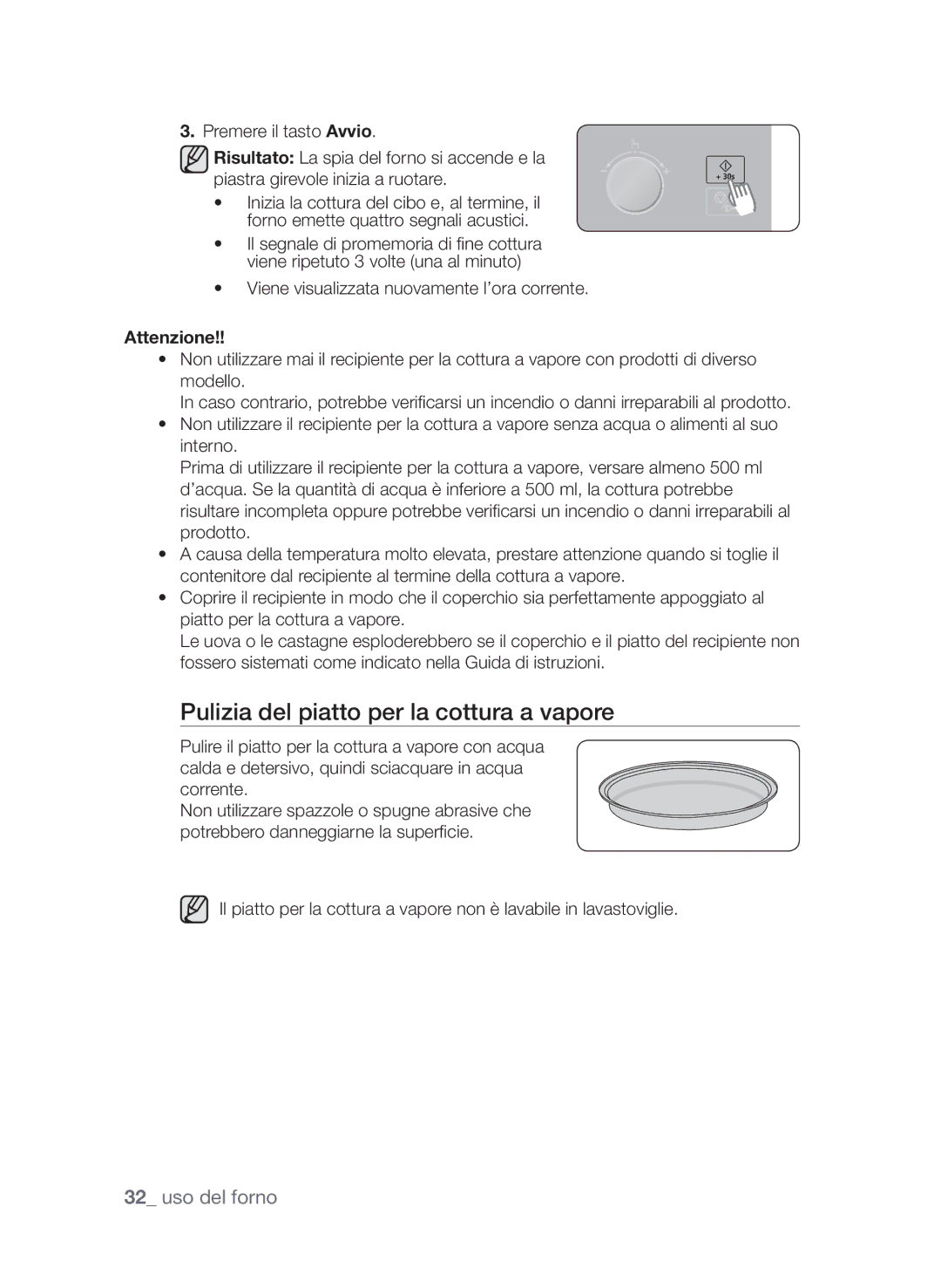 Samsung CP1395E-B/XET manual Pulizia del piatto per la cottura a vapore, Viene visualizzata nuovamente l’ora corrente 