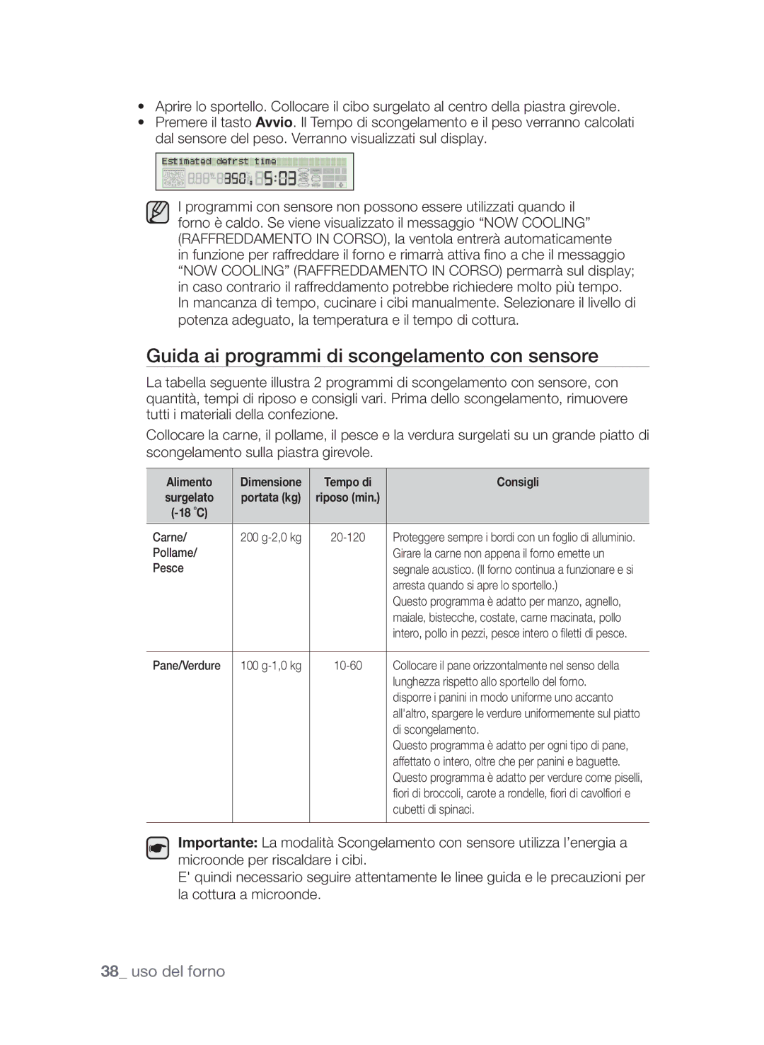 Samsung CP1395E-B/XET, CP1395EST/XET, CP1395E-S/XET manual Guida ai programmi di scongelamento con sensore, Tempo di Consigli 