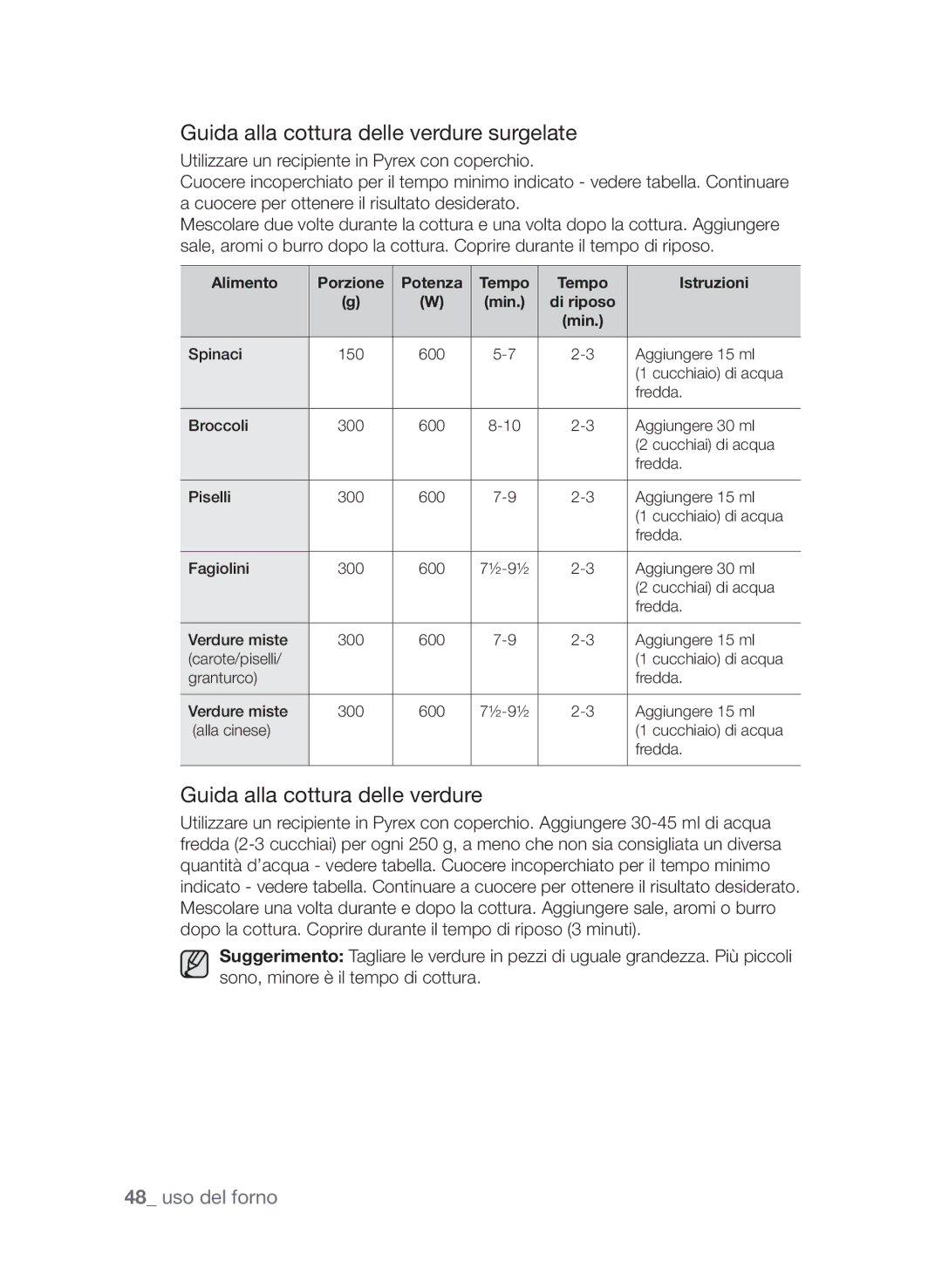 Samsung CP1395EST/XET manual Guida alla cottura delle verdure surgelate, Alimento Porzione Potenza Tempo Istruzioni 