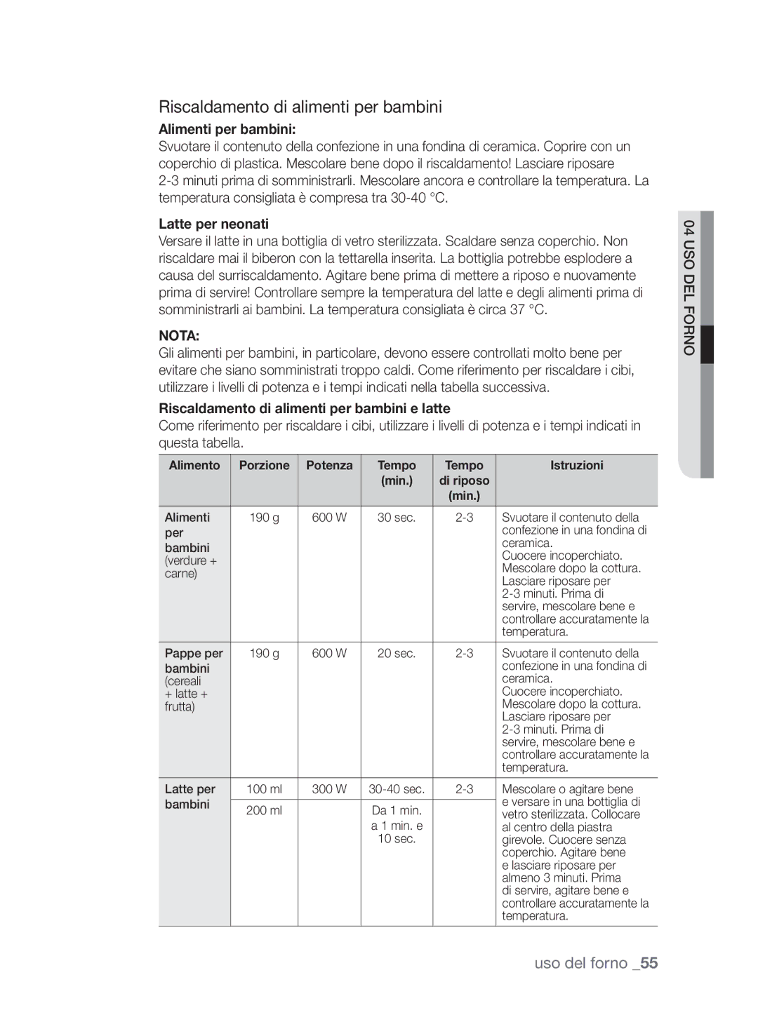 Samsung CP1395E-S/XET, CP1395EST/XET manual Riscaldamento di alimenti per bambini, Alimenti per bambini, Latte per neonati 