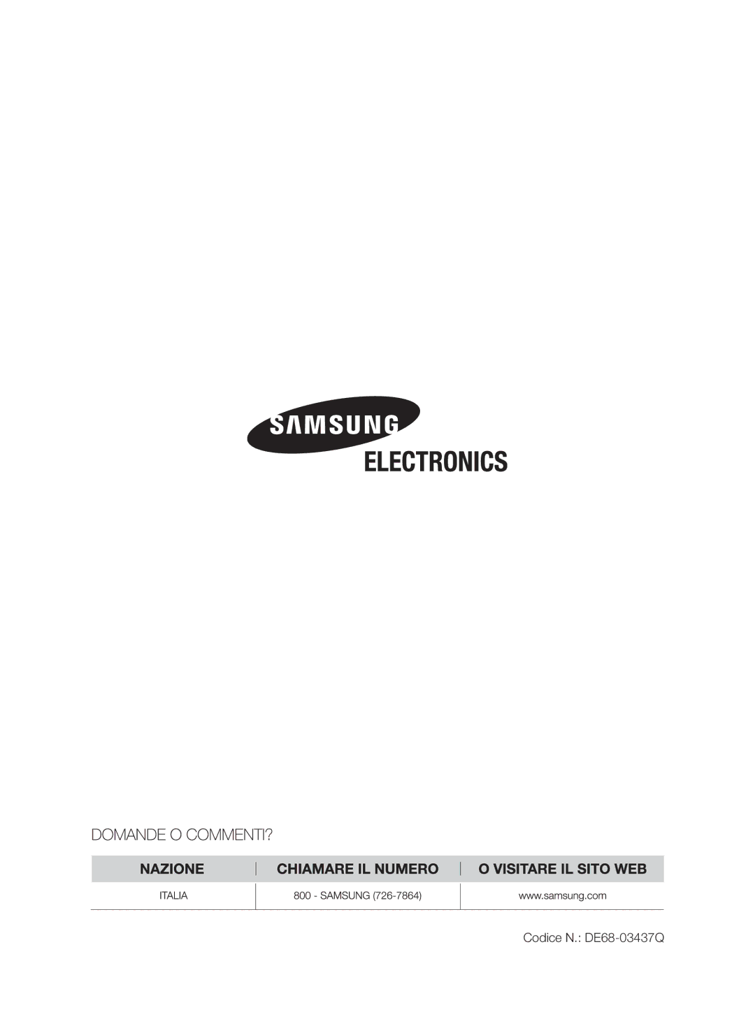 Samsung CP1395EST/XET, CP1395E-S/XET, CP1395E-B/XET manual Codice N. DE68-03437Q 