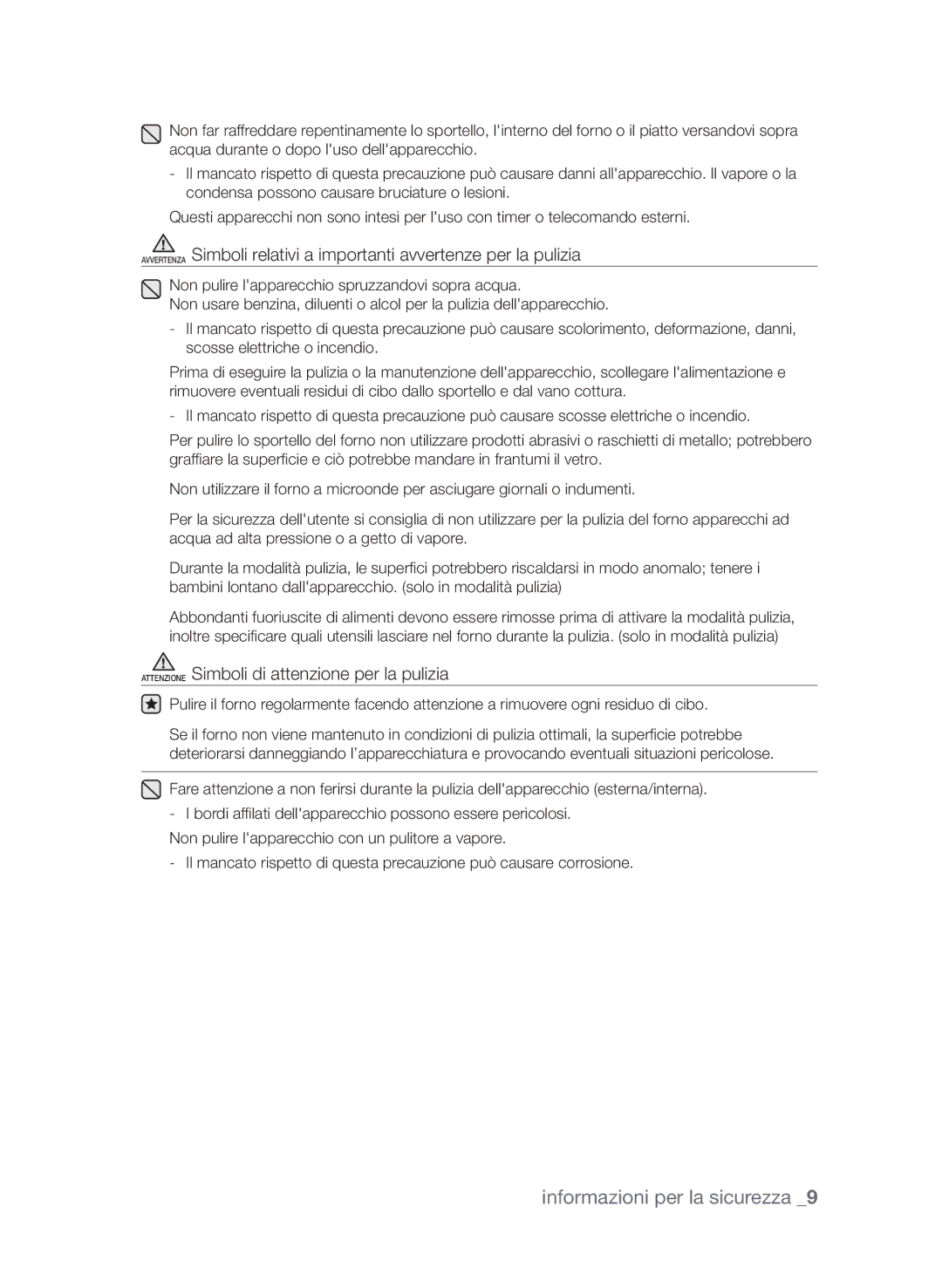 Samsung CP1395EST/XET, CP1395E-S/XET, CP1395E-B/XET manual Attenzione Simboli di attenzione per la pulizia 