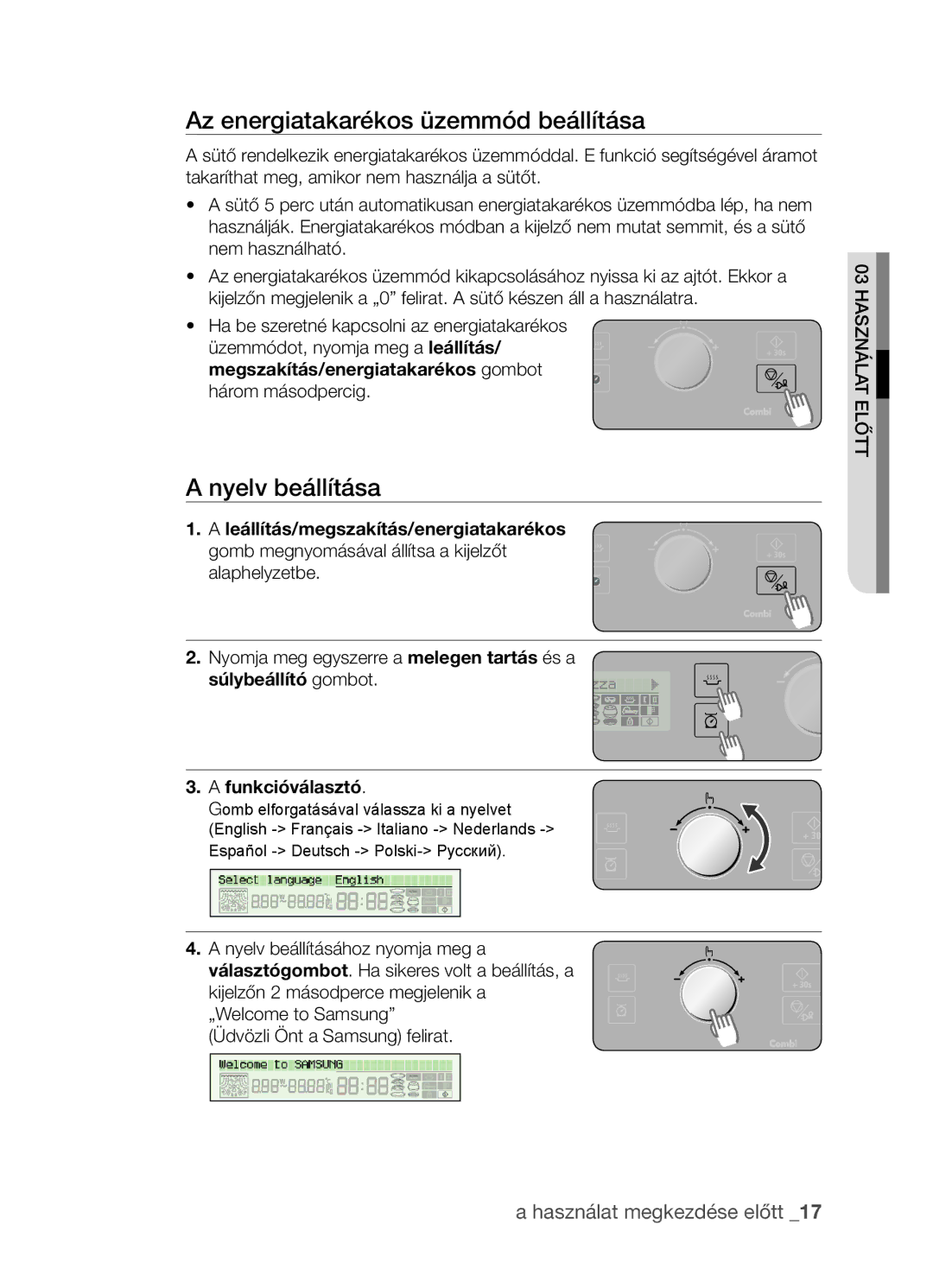 Samsung CP1395EST/XEO manual Az energiatakarékos üzemmód beállítása, Nyelv beállítása, Súlybeállító gombot Funkcióválasztó 