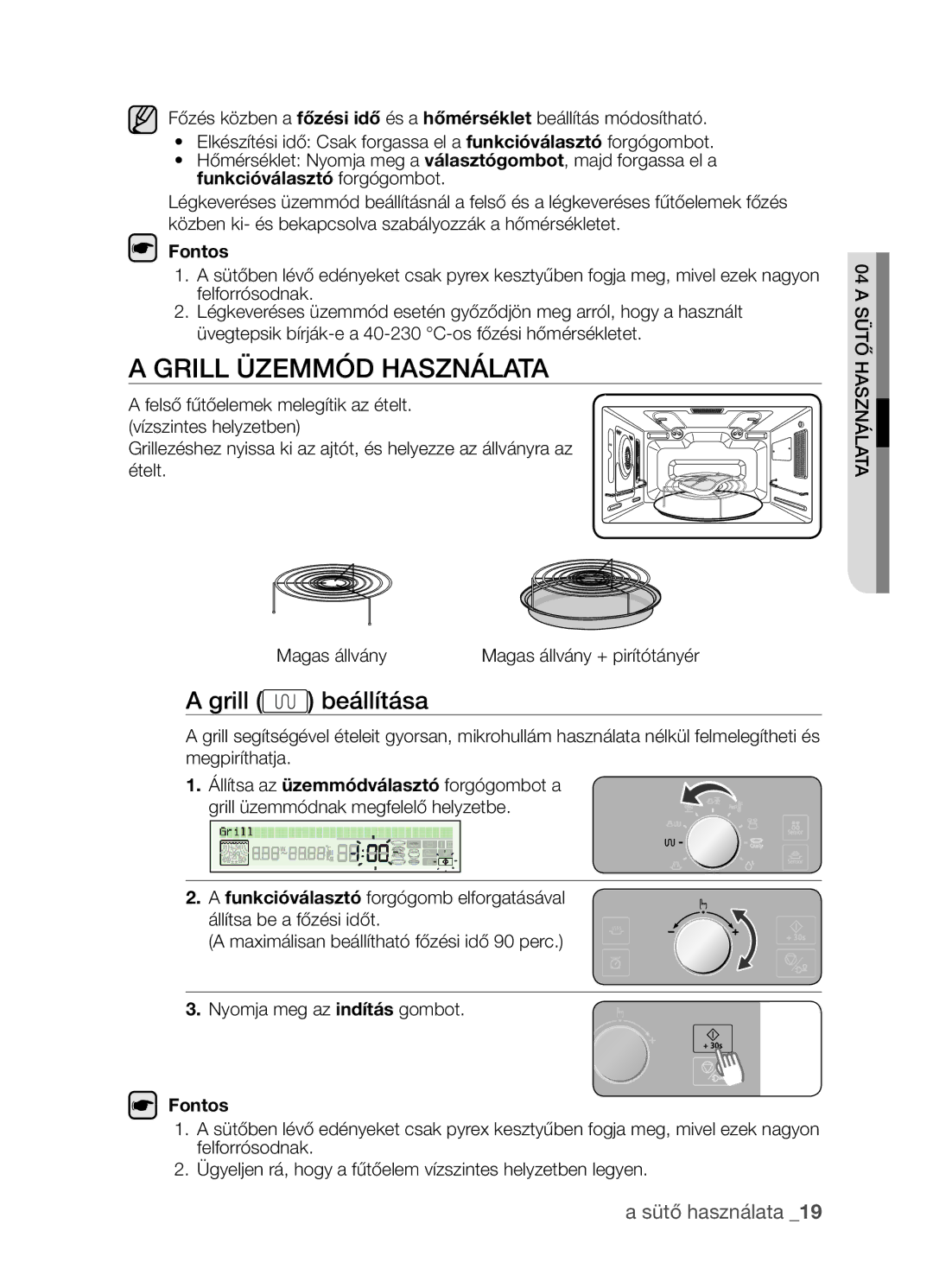 Samsung CP1395EST/XEO, CP1395EST/XET manual Grill üzemmód használata, Grill beállítása, Sütő használata, Fontos 