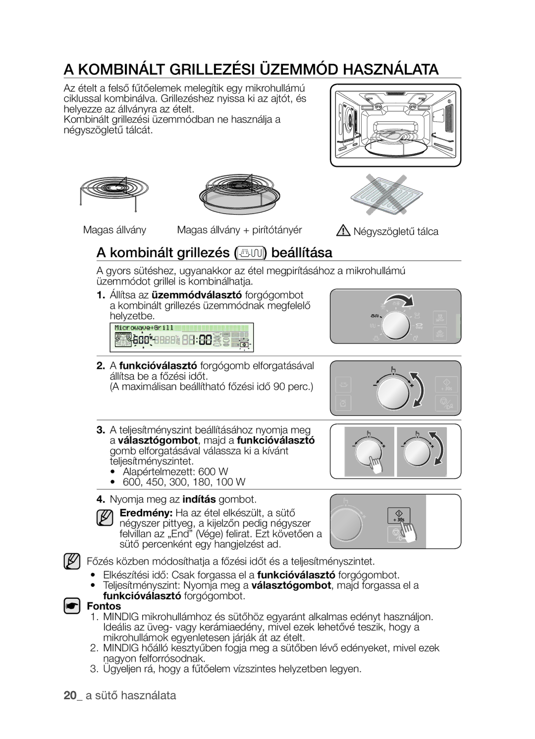 Samsung CP1395EST/XET manual Kombinált grillezési üzemmód használata, Kombinált grillezés beállítása, 20 a sütő használata 