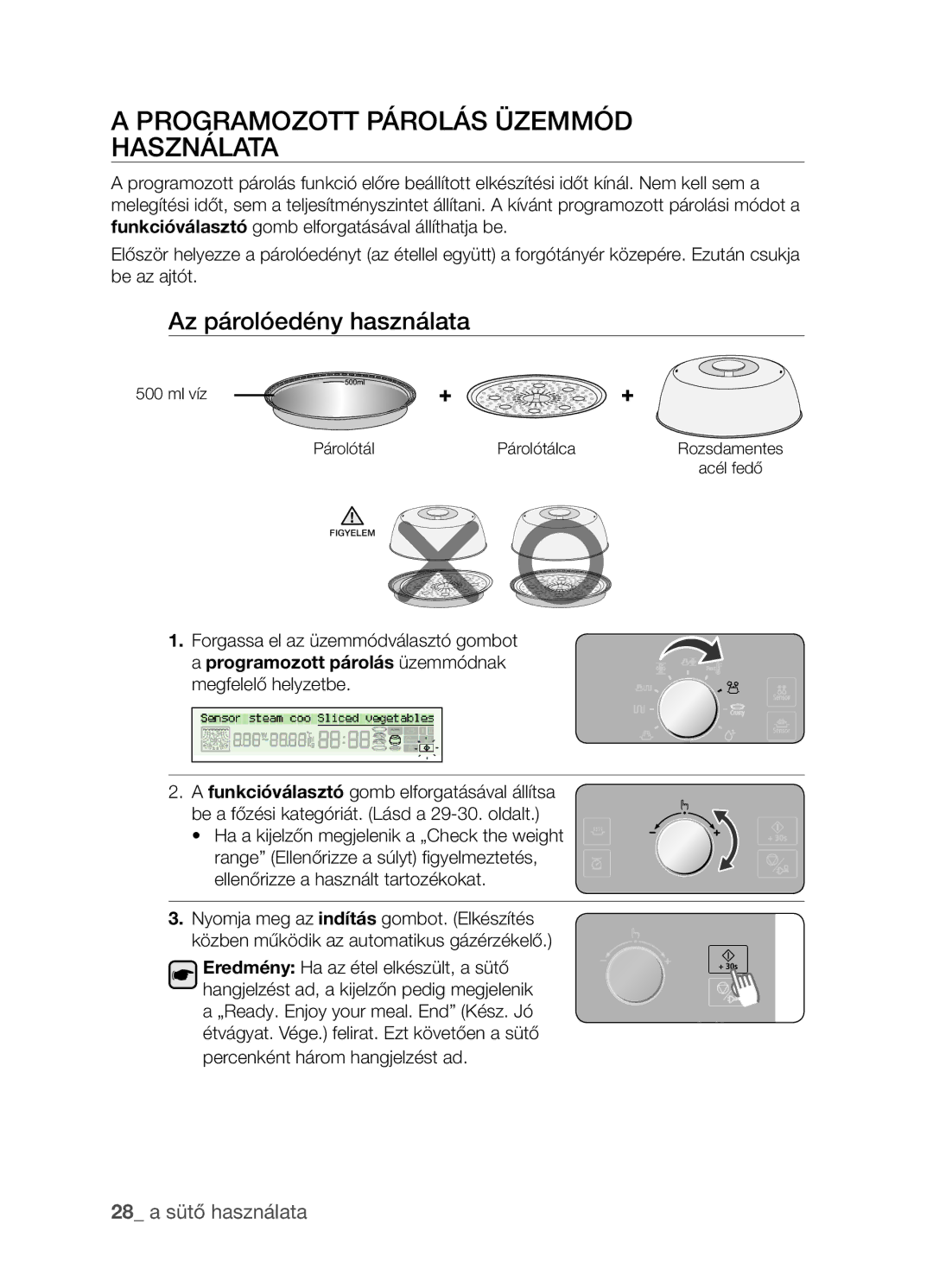 Samsung CP1395EST/XET manual Programozott párolás üzemmód használata, Az párolóedény használata, 28 a sütő használata 