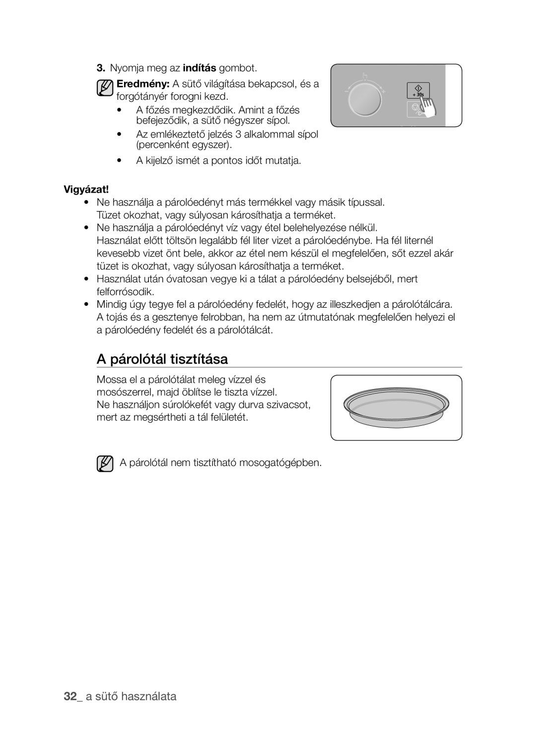 Samsung CP1395EST/XET, CP1395EST/XEO manual Párolótál tisztítása, 32 a sütő használata 