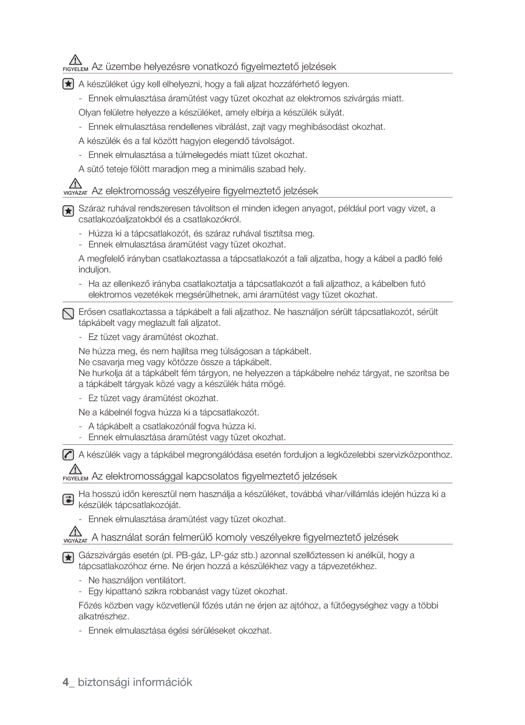 Samsung CP1395EST/XET, CP1395EST/XEO manual Vigyázat Az elektromosság veszélyeire figyelmeztető jelzések 